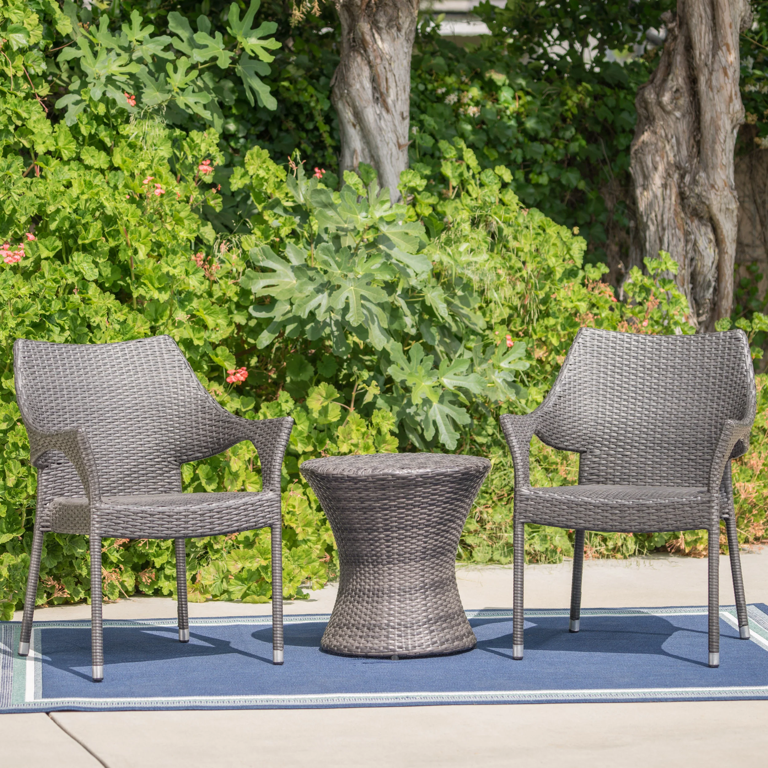 Alfheimr Outdoor 3 Piece Grey Wicker Stacking Chair Chat Set - furnishings