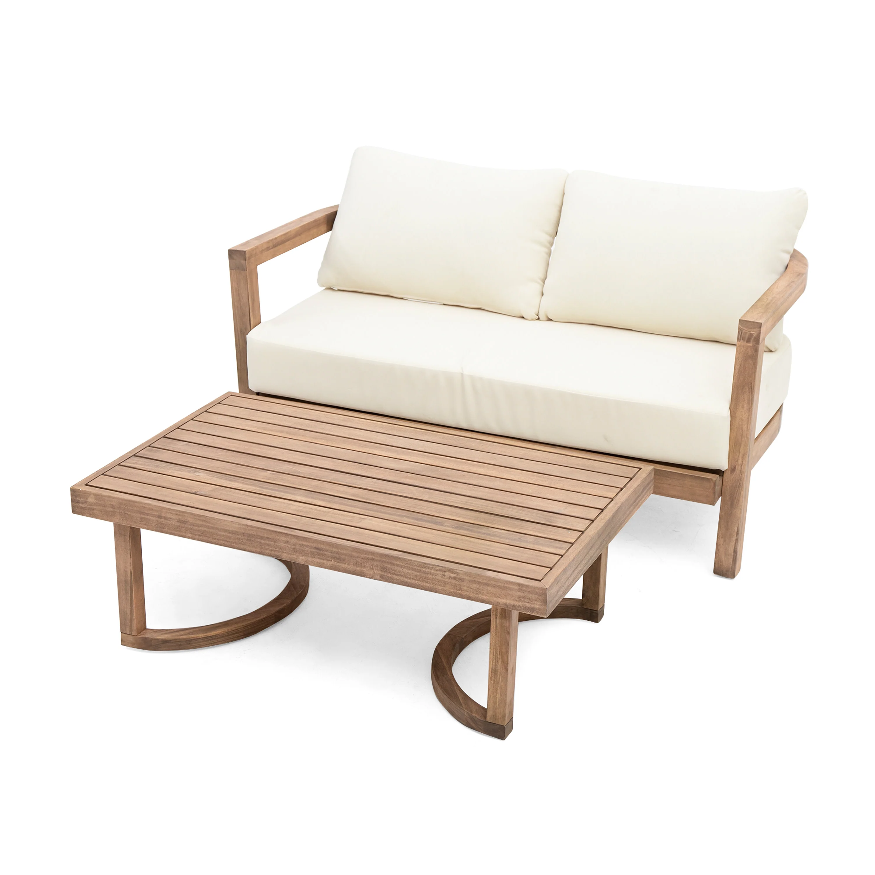 Aston Outdoor Acacia Wood Loveseat and Coffee Table with Cushions, Brown Wash, Beige - furnishings
