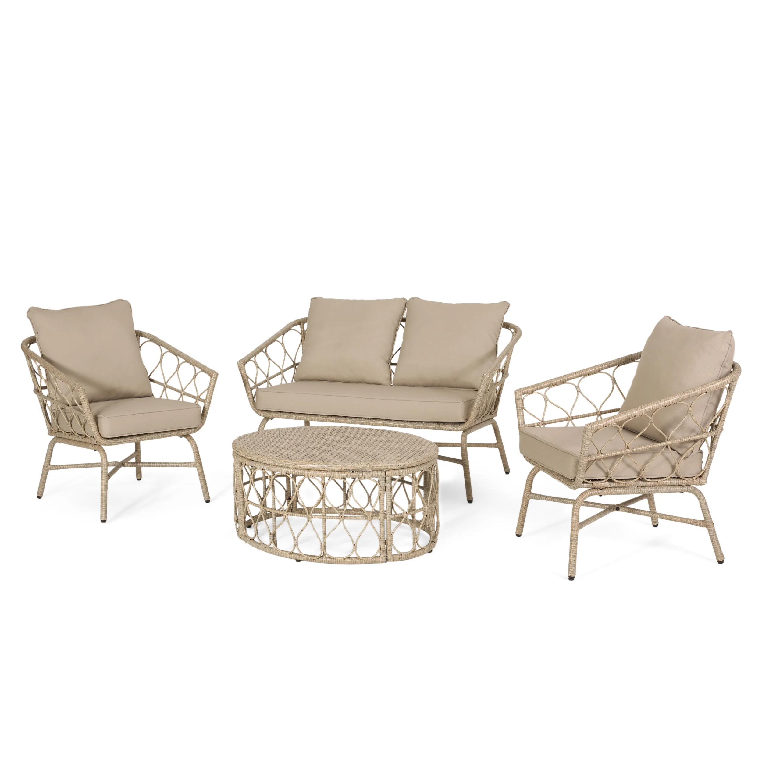 Colmar Outdoor Wicker 4 Seater Chat Set with Cushions, Light Brown and Beige - furnishings