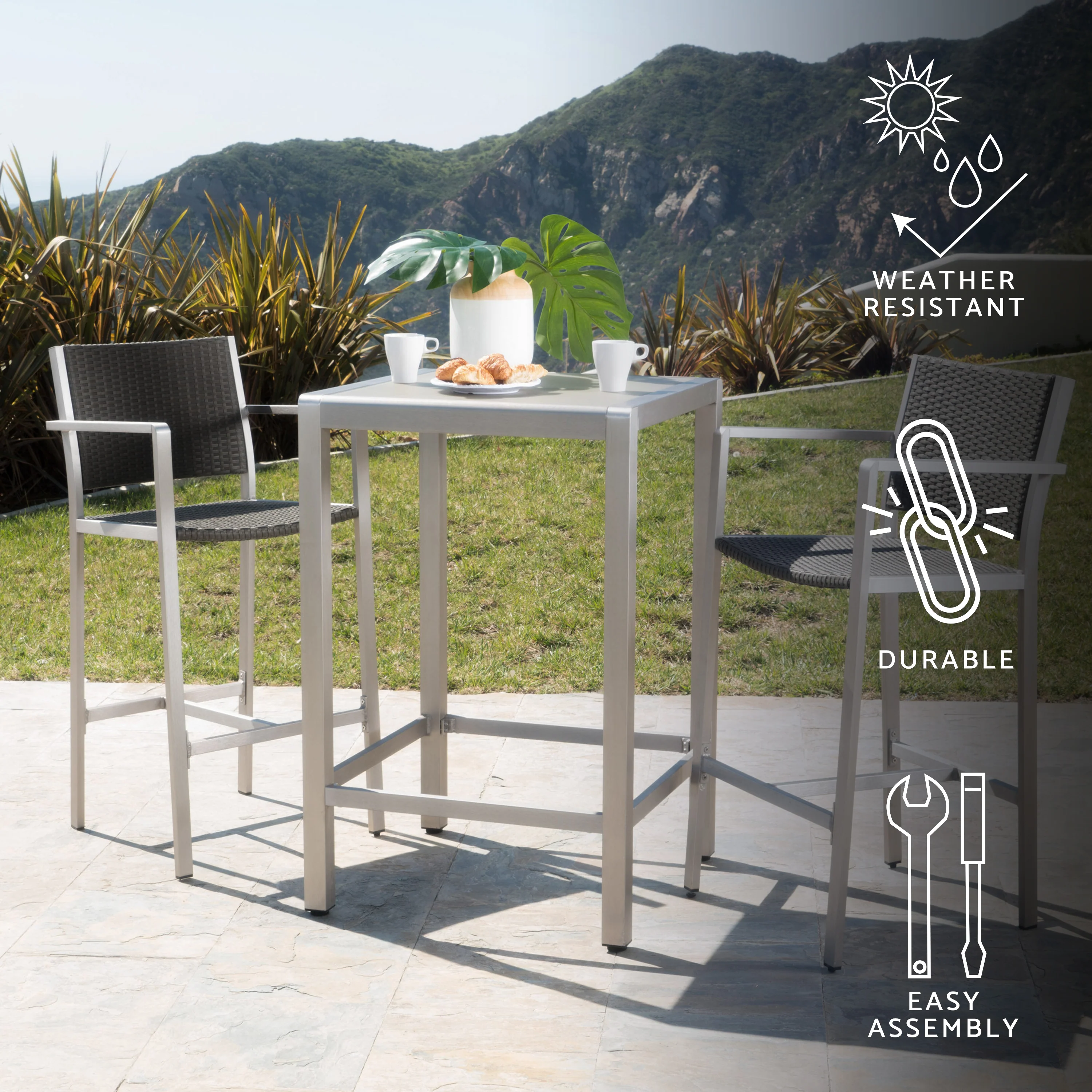 Capral Outdoor 3 Piece Grey Wicker Bar Set with Glass Table Top - furnishings