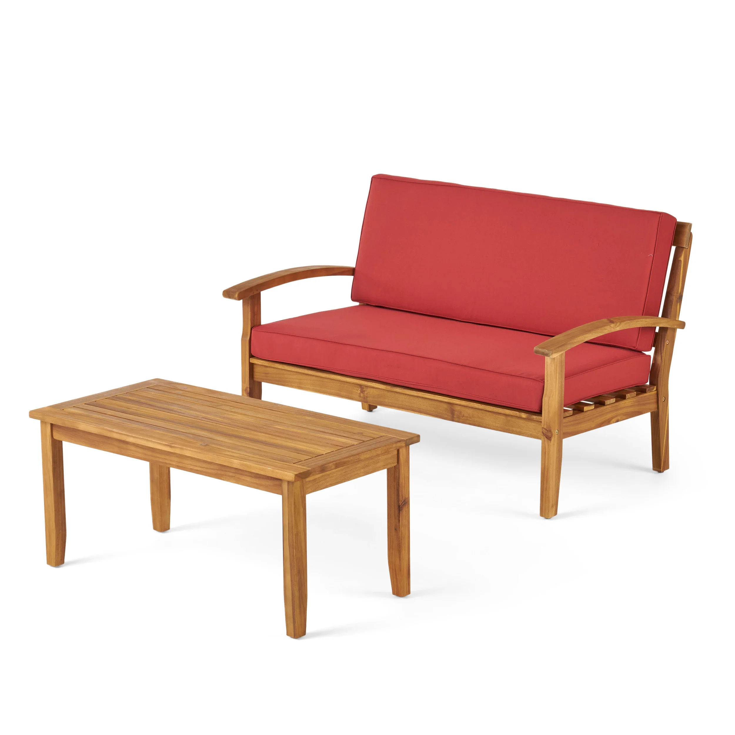 Keanu Outdoor Acacia Wood Loveseat and Coffee Table Set with Cushions - furnishings