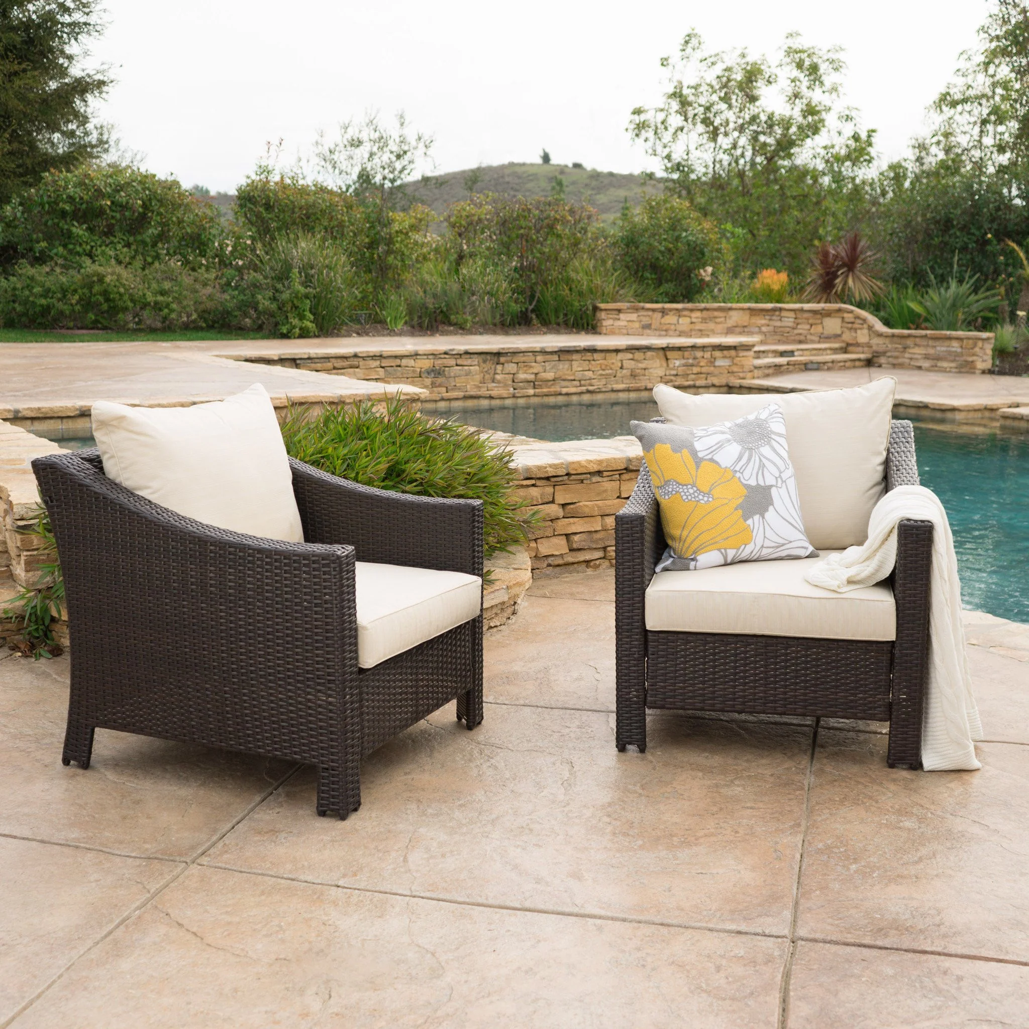 Cortez Outdoor Wicker Club Chair w/ Water Resistant Cushions (Set of 2) - furnishings