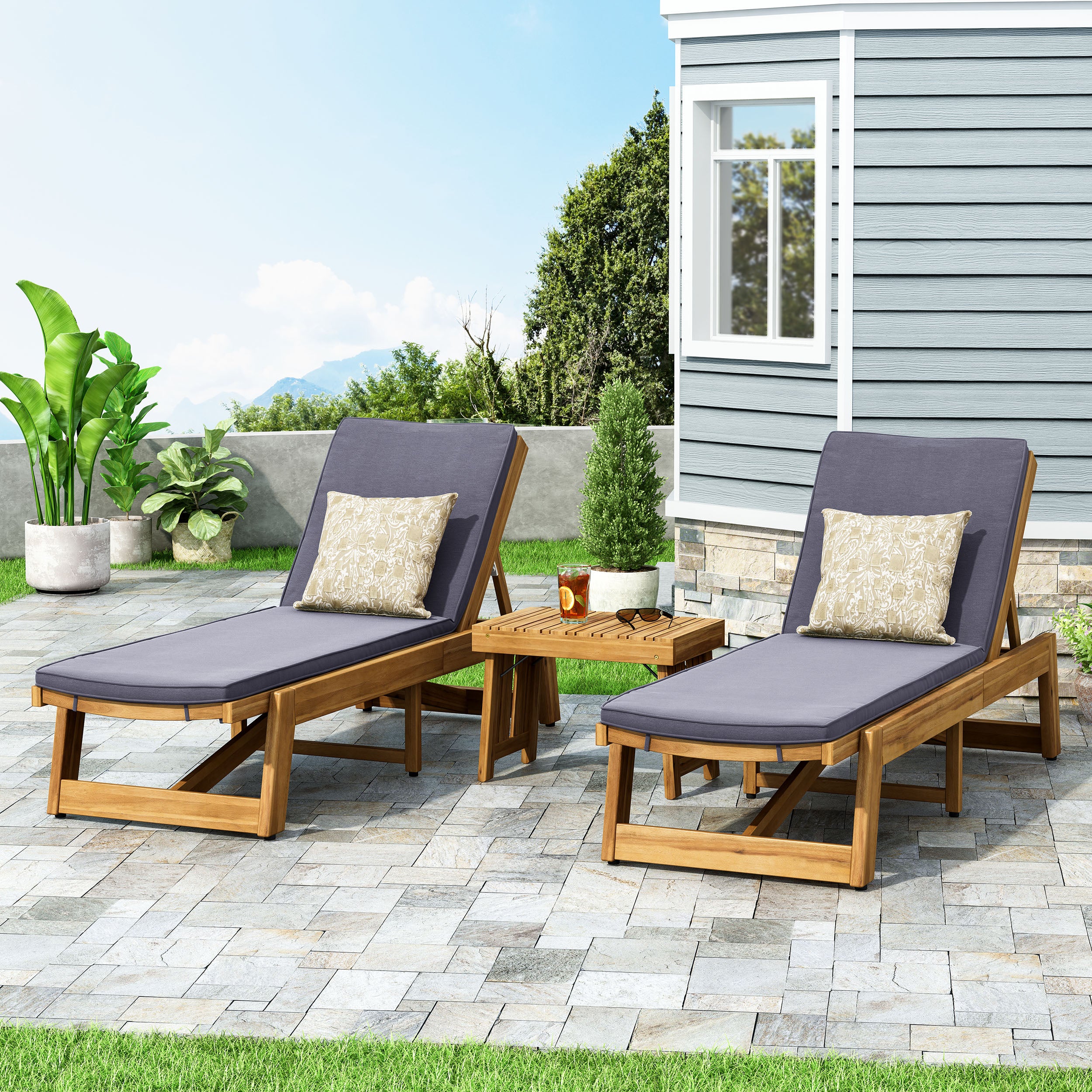 Karyme Outdoor Acacia Wood 3 Piece Chaise Lounge Set with Water-Resistant Cushions - furnishings