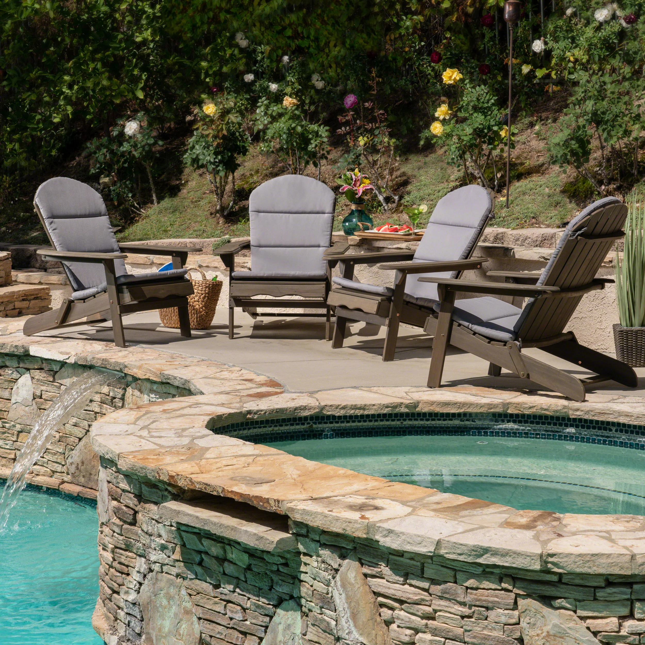 Amenda Outdoor Acacia Wood Folding Adirondack Chairs with Cushions - furnishings