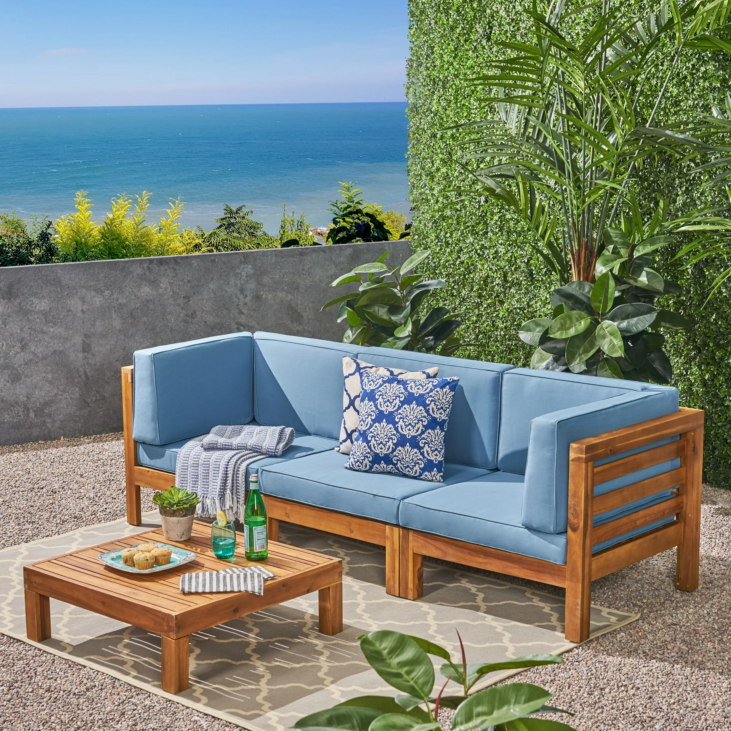 Dawson Outdoor Sectional Sofa Set with Coffee Table - 4-Piece 3-Seater - Acacia Wood - Outdoor Cushions - furnishings