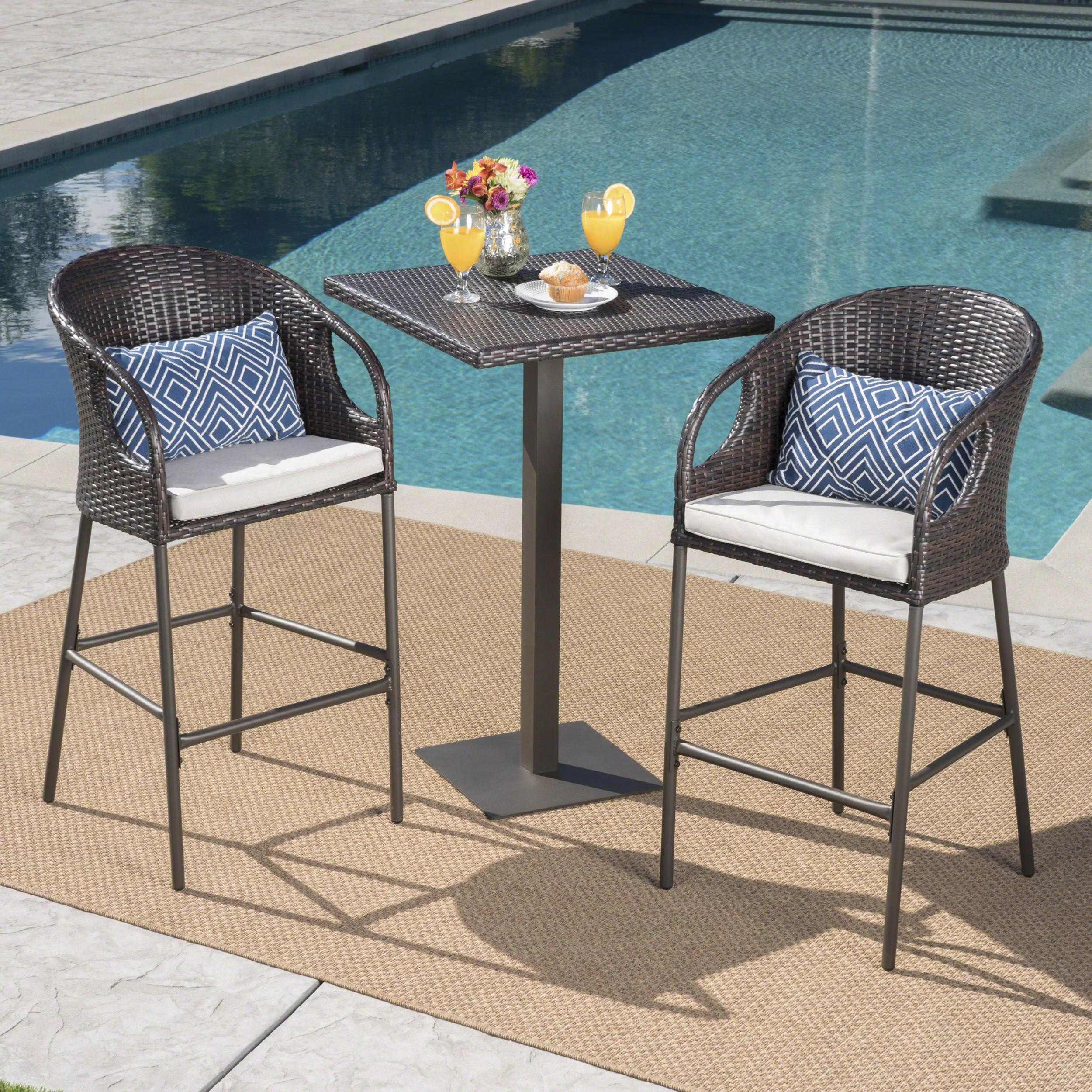 Big Rock Outdoor 3 Piece Wicker Bar Set with Water Resistant Cushions - furnishings