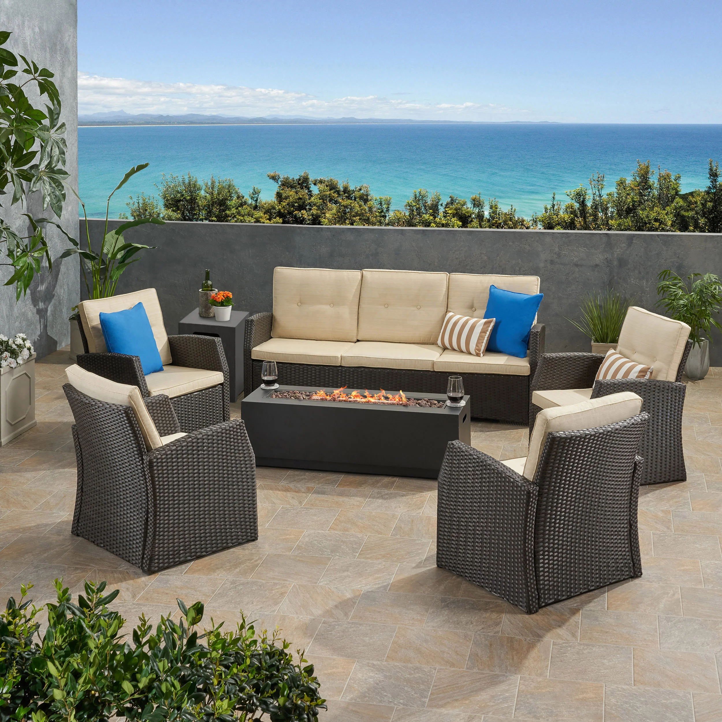 Roswell Outdoor 7 Seater Wicker Chat Set with An Iron Fire Pit - furnishings