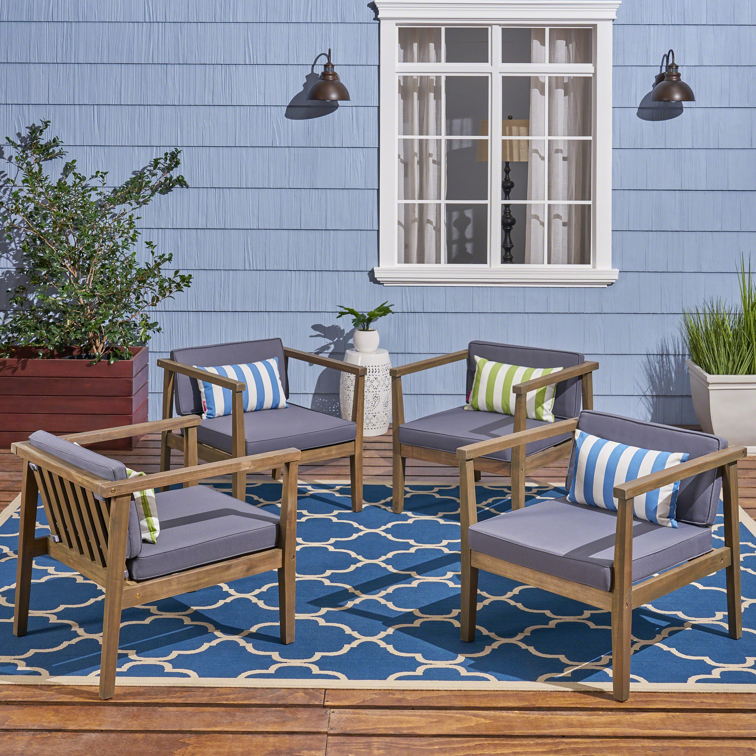 Thomson Outdoor Acacia Wood Club Chairs with Water-Resistant Cushions (Set of 4) - furnishings