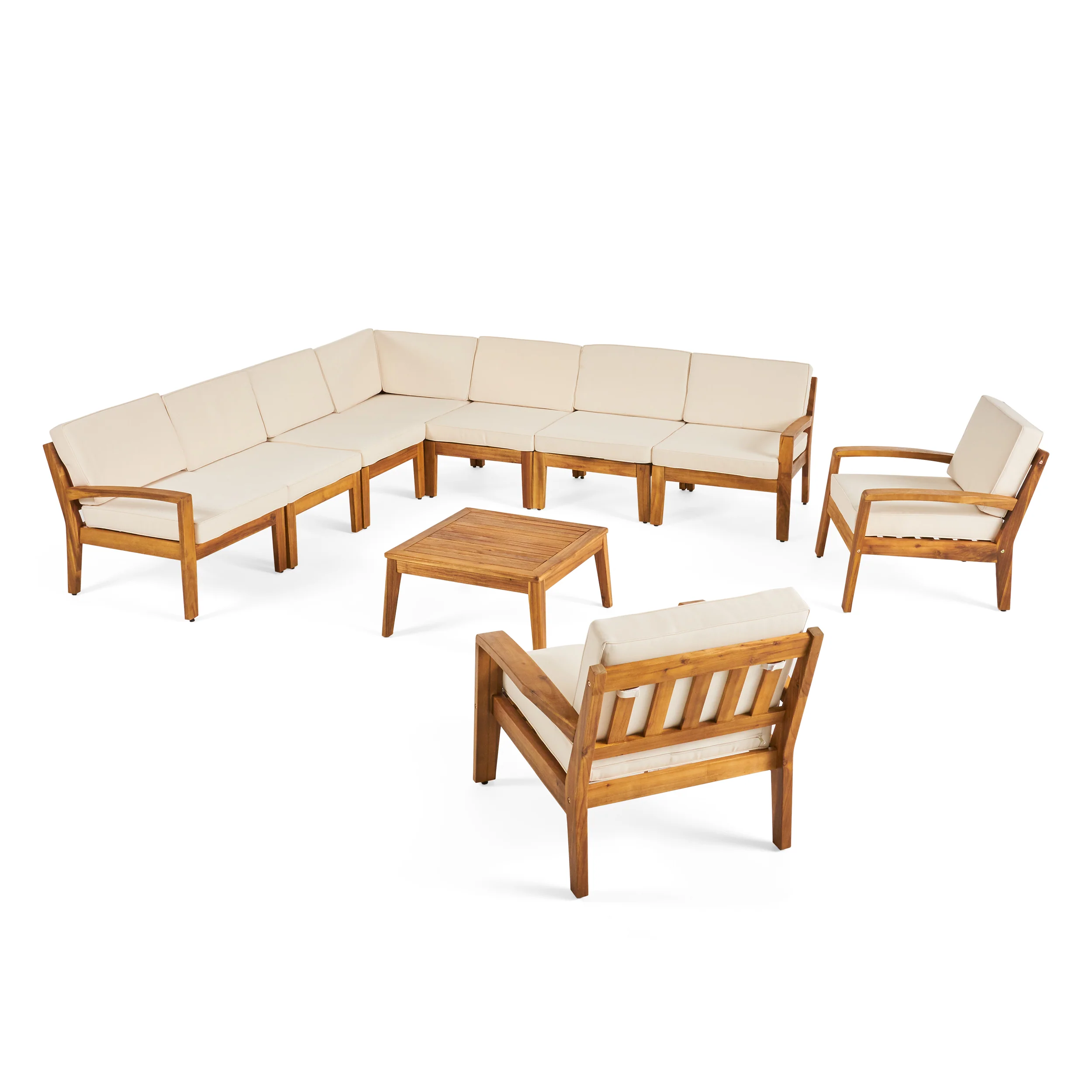 Madeline Outdoor Acacia Wood 9 Seater Sectional Sofa and Club Chair Set with Coffee Table - furnishings