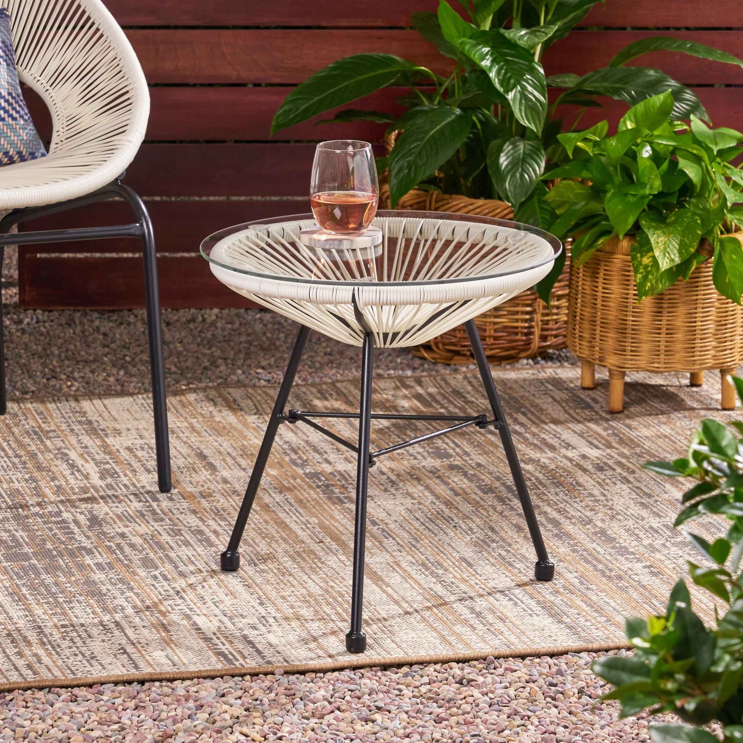 Novia Outdoor Modern Faux Rattan Side Table with Tempered Glass Top - furnishings