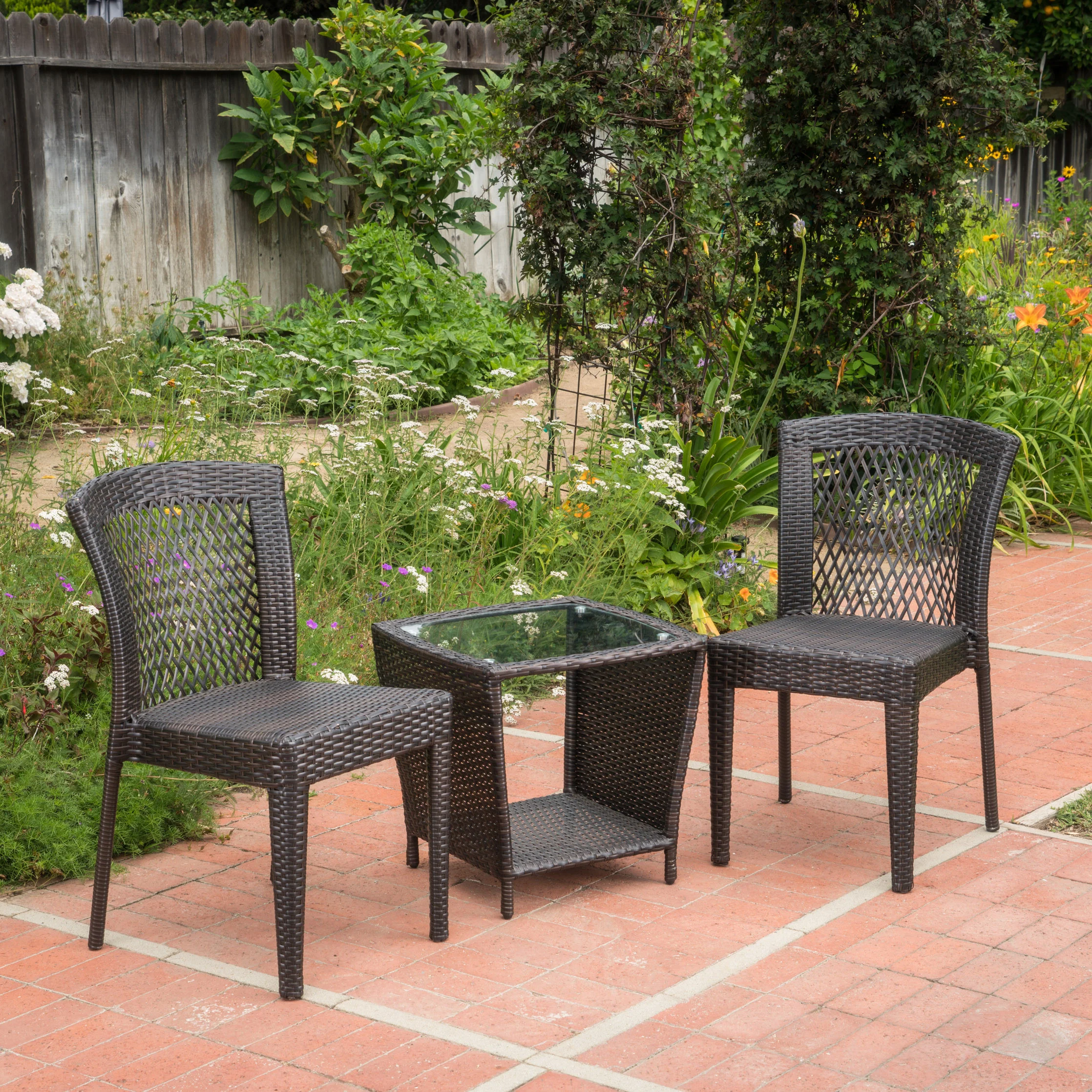 Capella Outdoor 3 Piece Multi-brown Wicker Stacking Chair Chat Set - furnishings