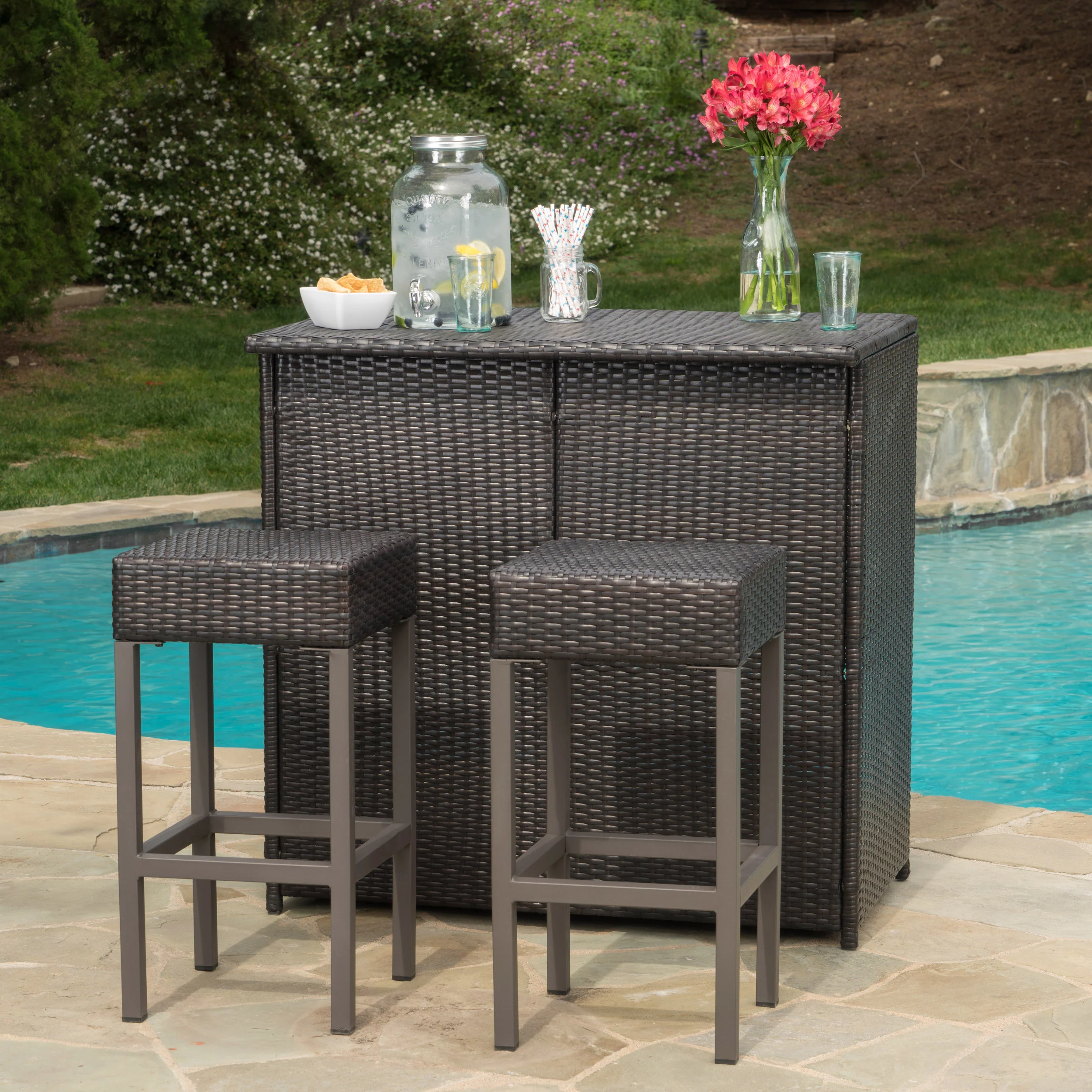 Oneida Outdoor Multibrown Wicker Bar Island Set - furnishings