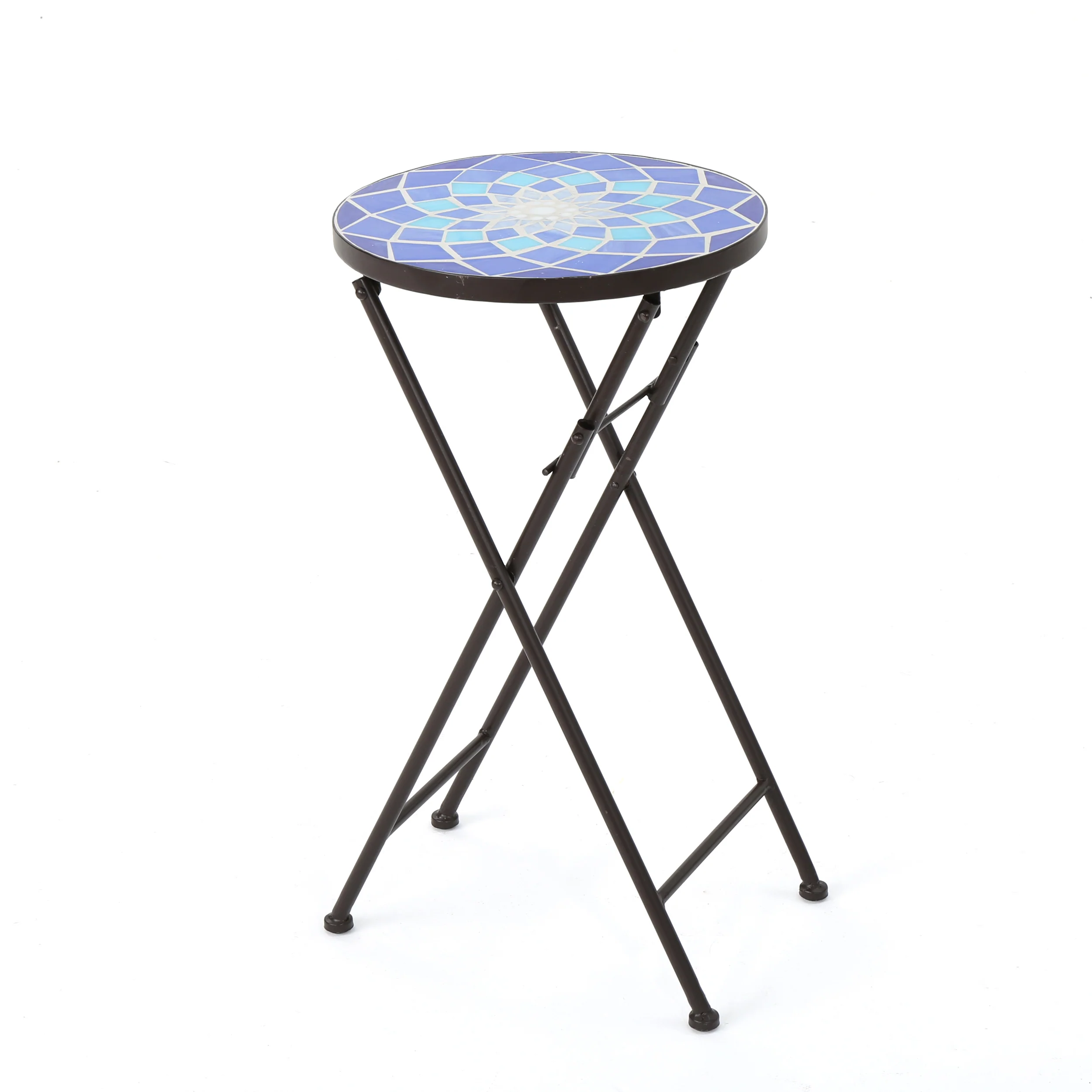 Arwen Outdoor Blue and White Glass Side Table with Iron Frame - furnishings