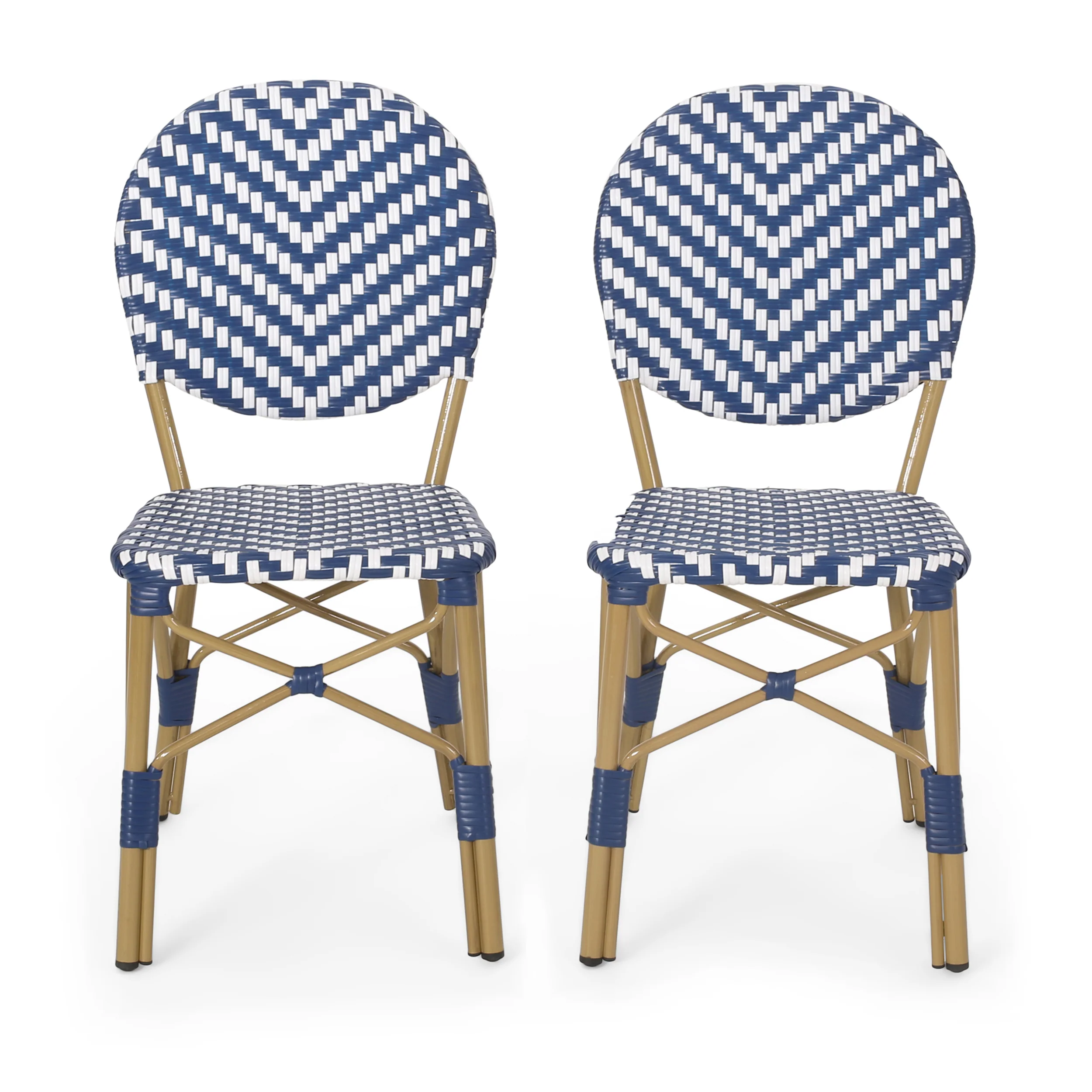 Deshler Outdoor Aluminum French Bistro Chairs, Set of 2, Navy Blue, White, and Bamboo Finish - furnishings