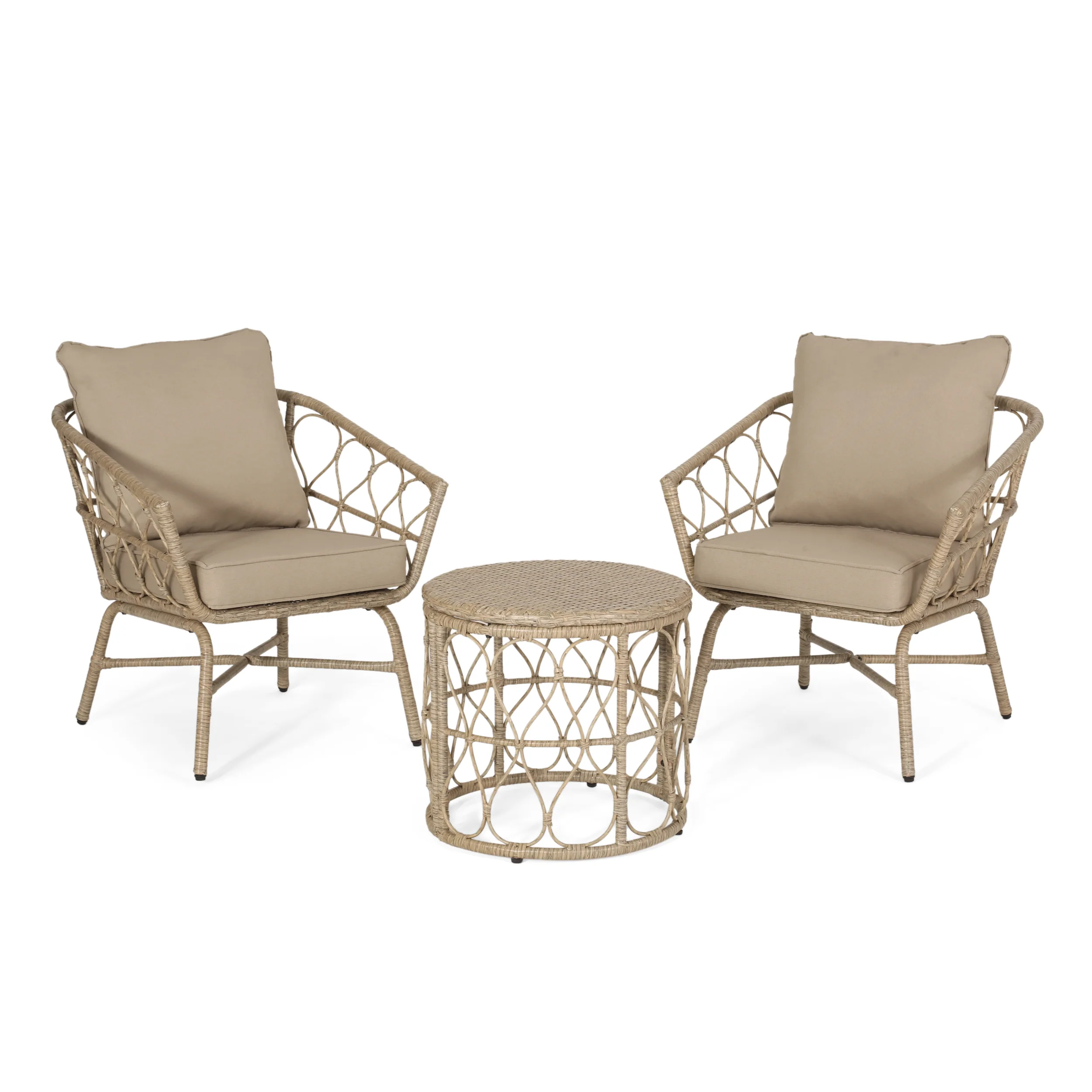 Colmar Outdoor Wicker 3 Piece Chat Set with Cushions, Light Brown and Beige - furnishings