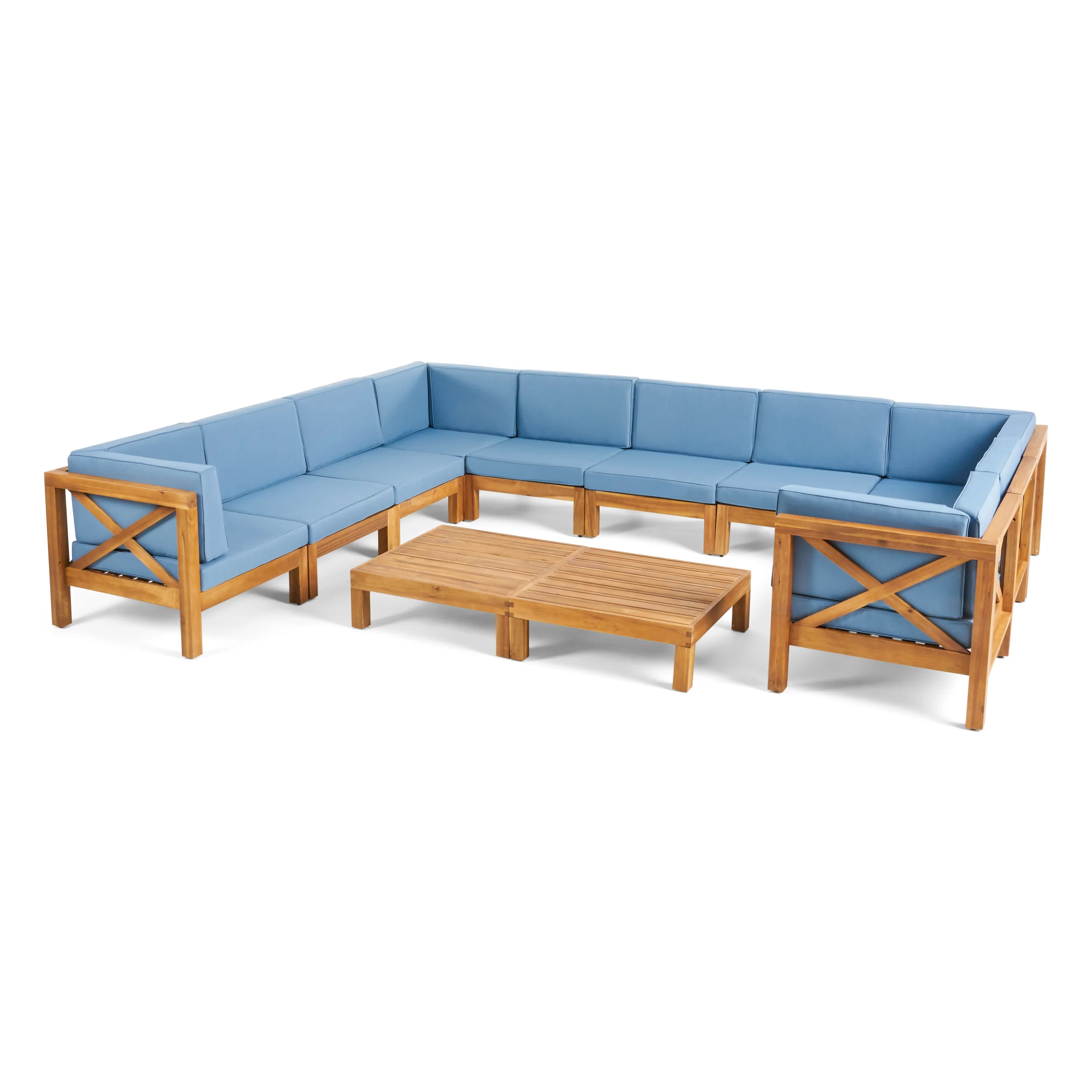 Cynthia Outdoor Acacia Wood 12-Piece U-Shaped Sectional Sofa Set with Two Coffee Tables - furnishings