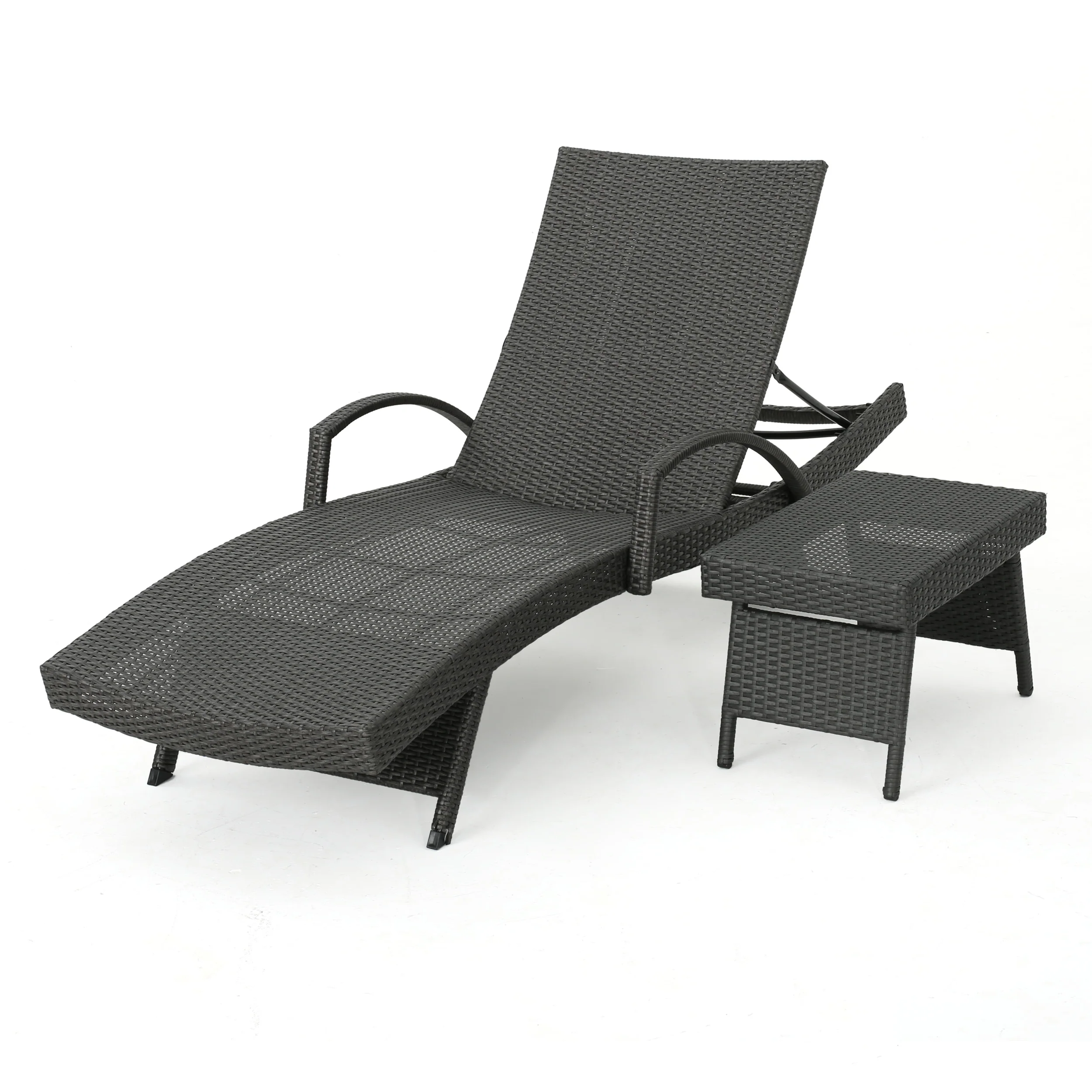 Solaris Outdoor Gray Wicker Armed Chaise Lounge with Wicker Accent Table - furnishings