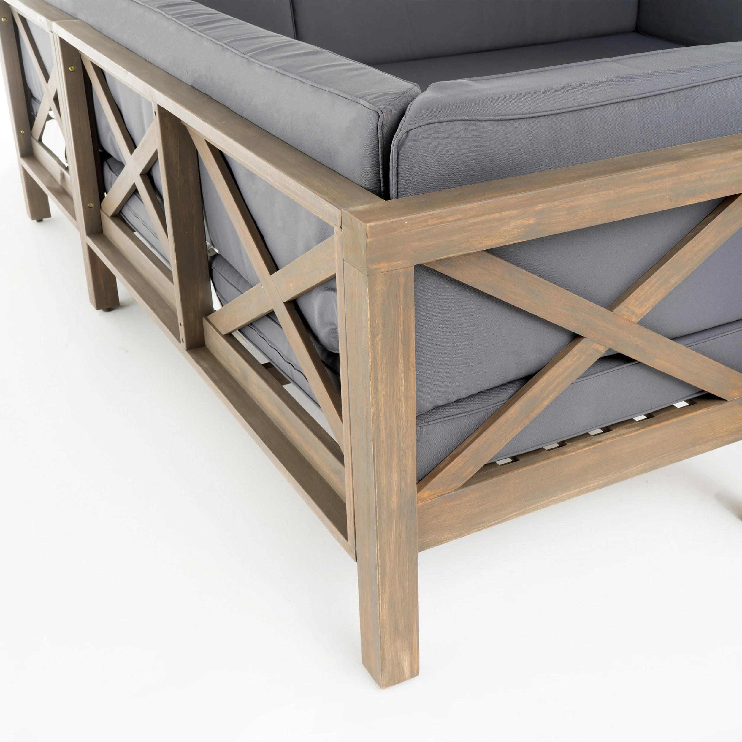 Keith Outdoor Acacia Wood Left Arm Loveseat and Coffee Table Set with Cushion - furnishings