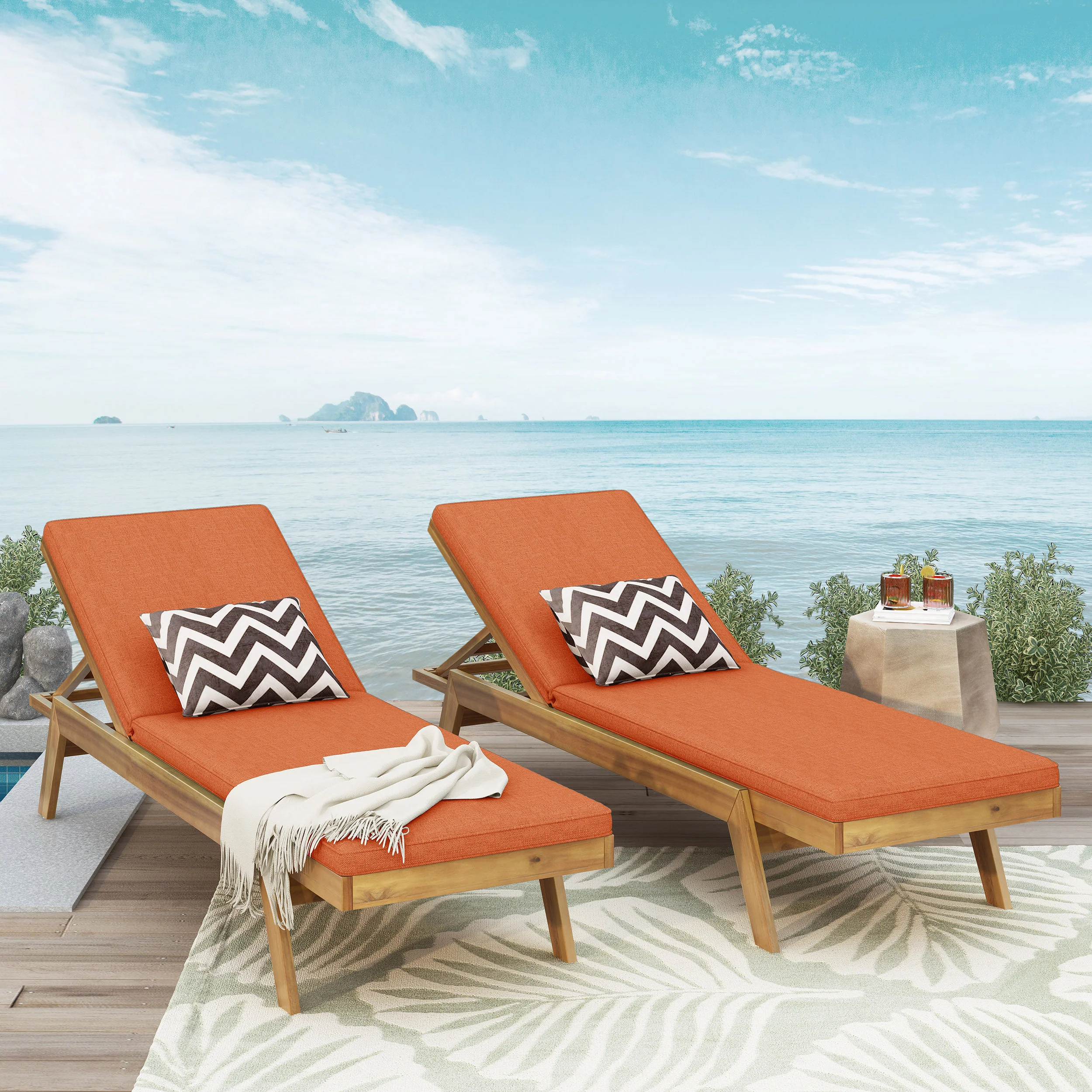 Larimore Outdoor Acacia Wood Chaise Lounge with Water Resistant Cushions, Set of 2 - furnishings