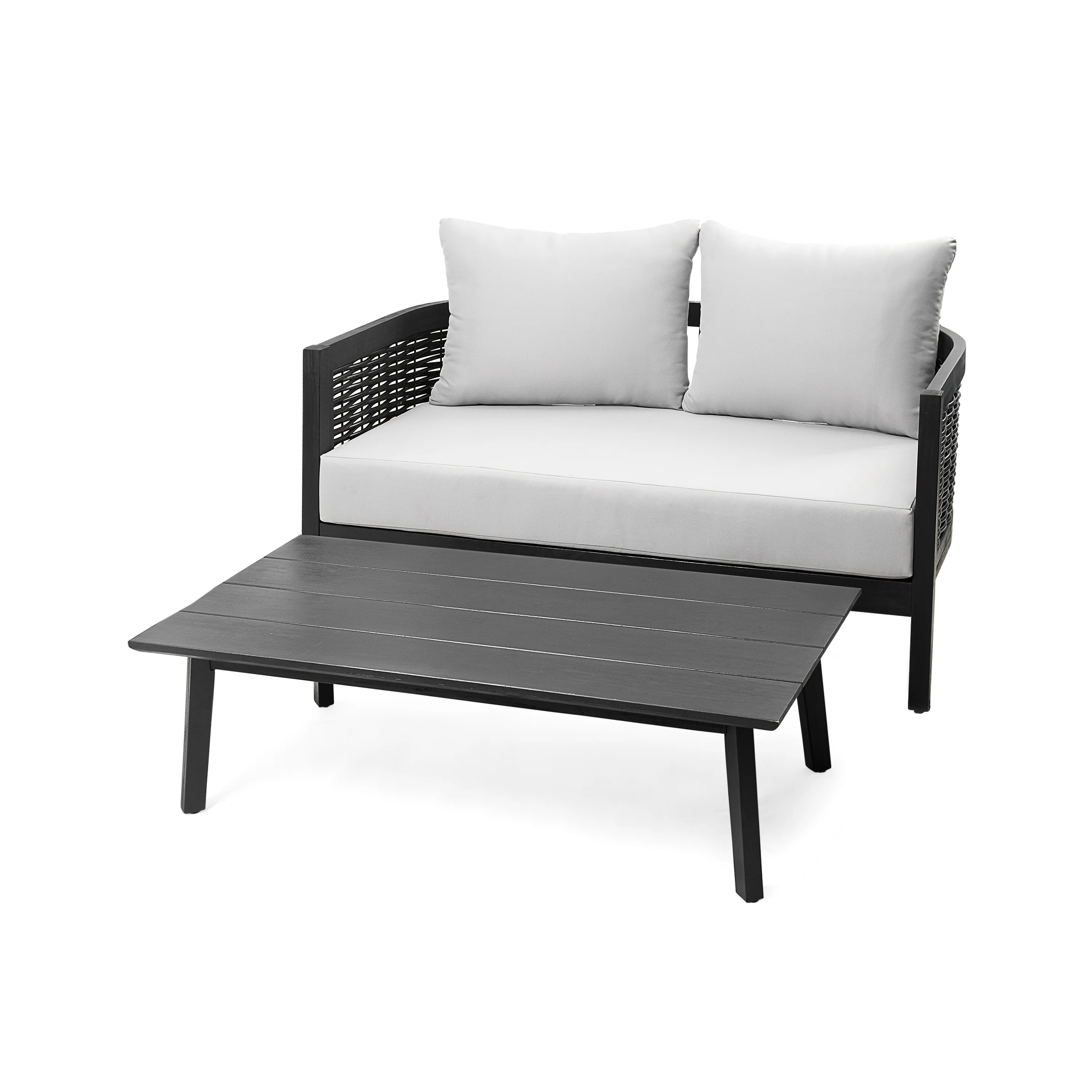 Ridgea Wood and Wicker Patio Conversation Set with Light Grey Cushions, Set of 2 - furnishings