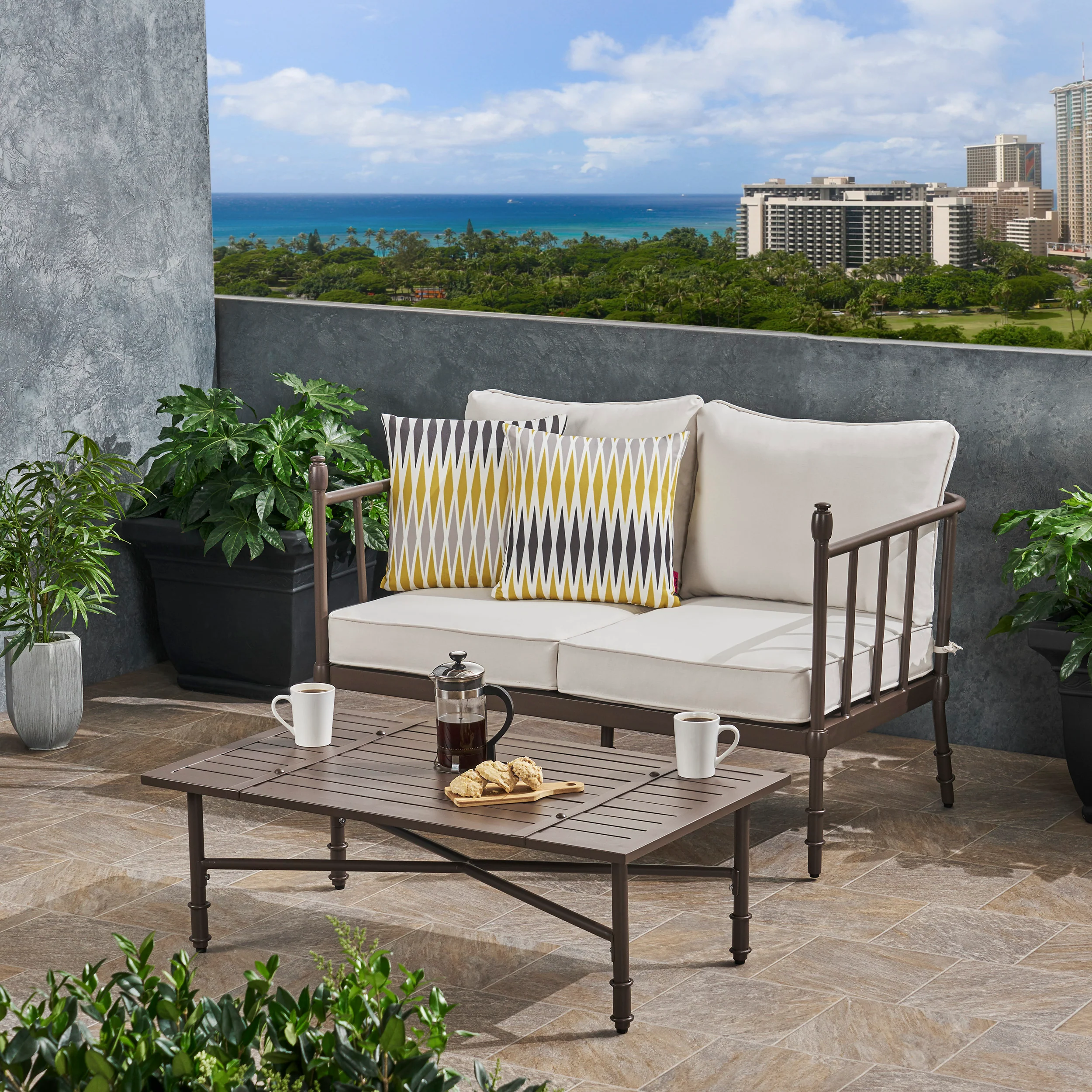 Francis Outdoor Aluminum Loveseat and Coffee Table with Cushions - furnishings