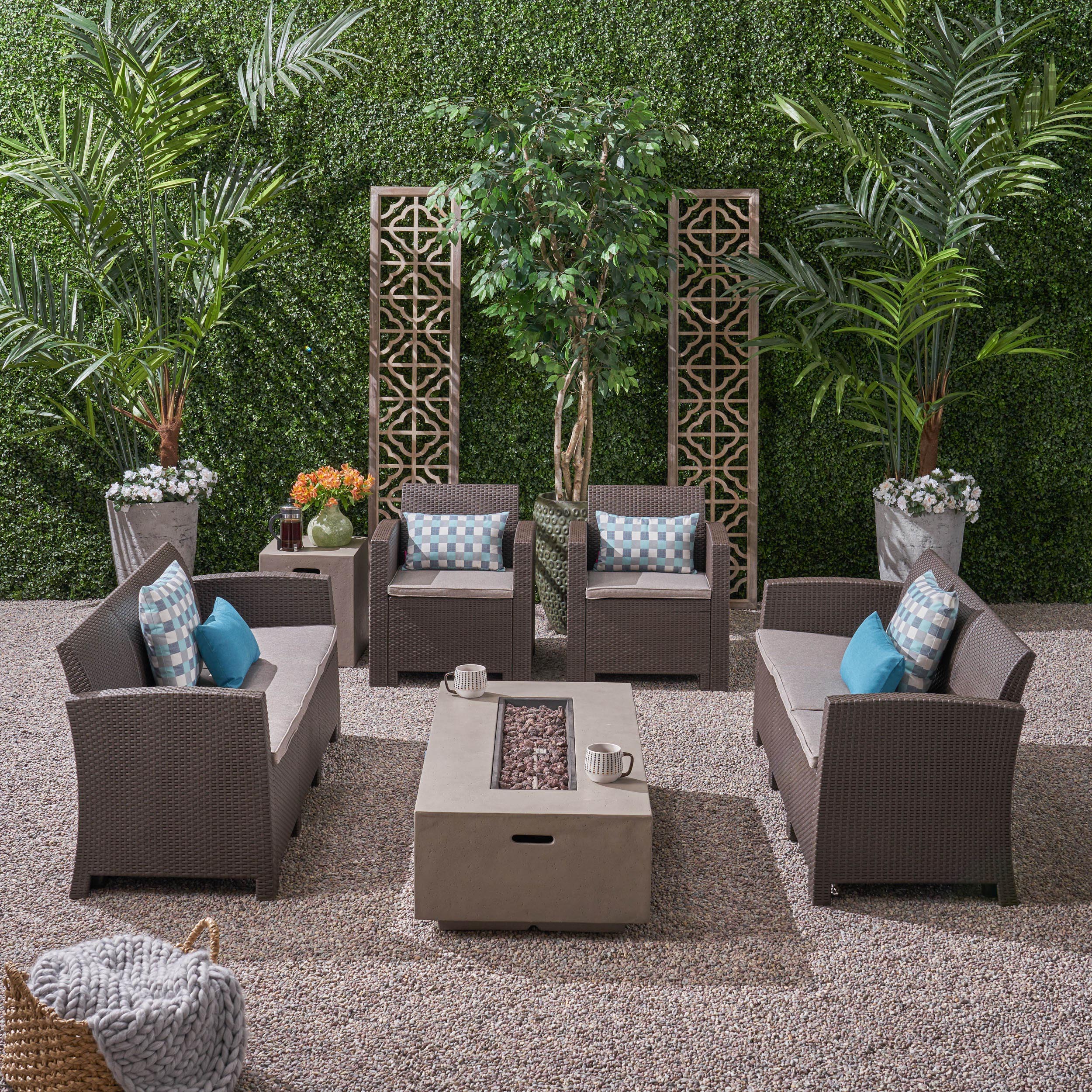 Morena Outdoor 8-Seater Wicker Print Chat Set with Fire Pit and Tank Holder - furnishings