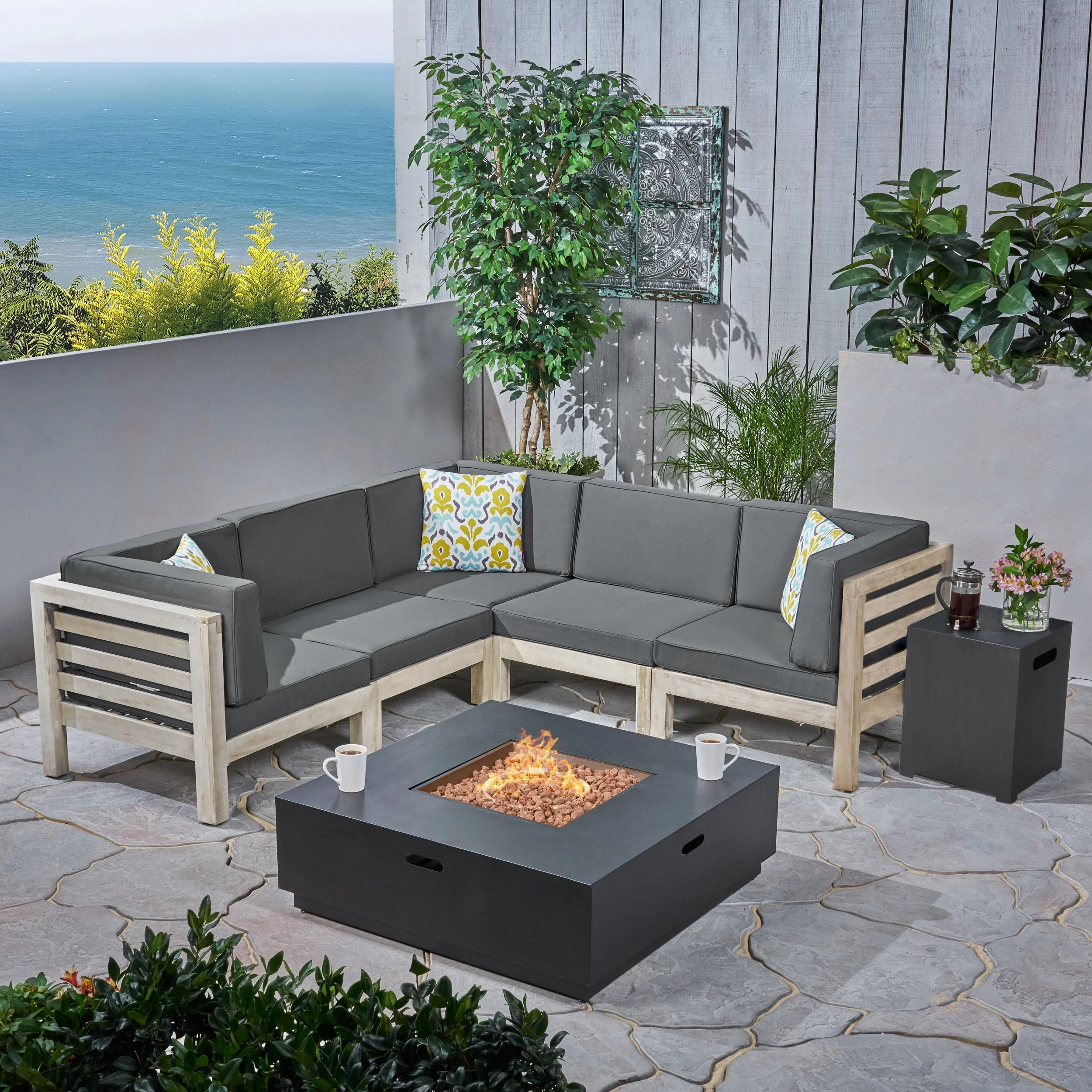 Krystin Outdoor V-Shaped Sectional Sofa Set with Fire Pit - furnishings