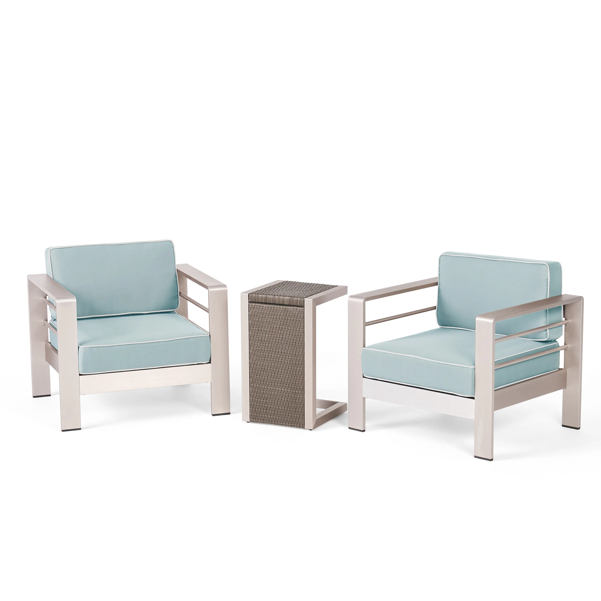 Crested Bay Outdoor 3 Piece Aluminum Framed Chat Set with Wicker C-Shaped Side Table - furnishings