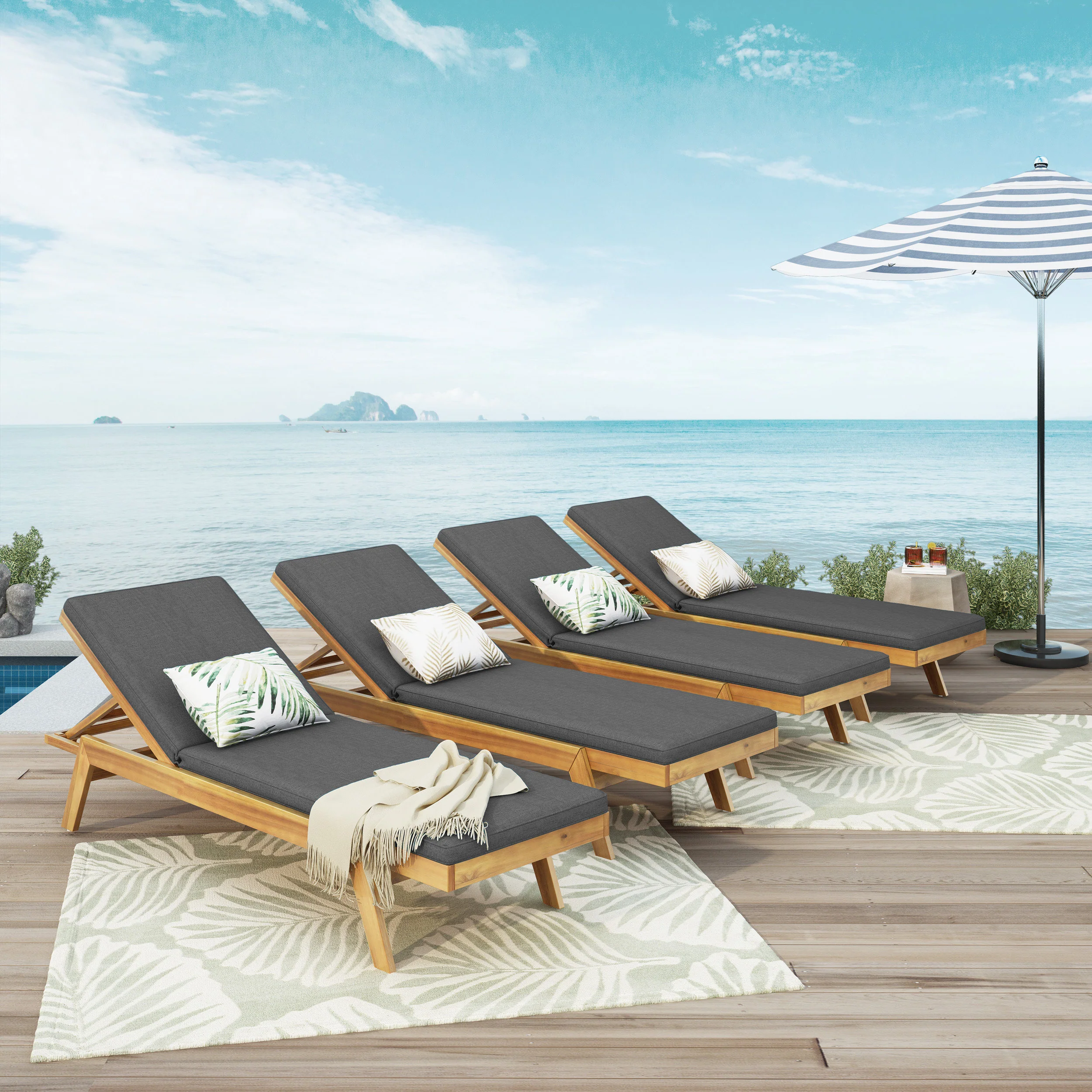 Larimore Outdoor Acacia Wood Chaise Lounge with Water Resistant Cushions, Set of 4 - furnishings