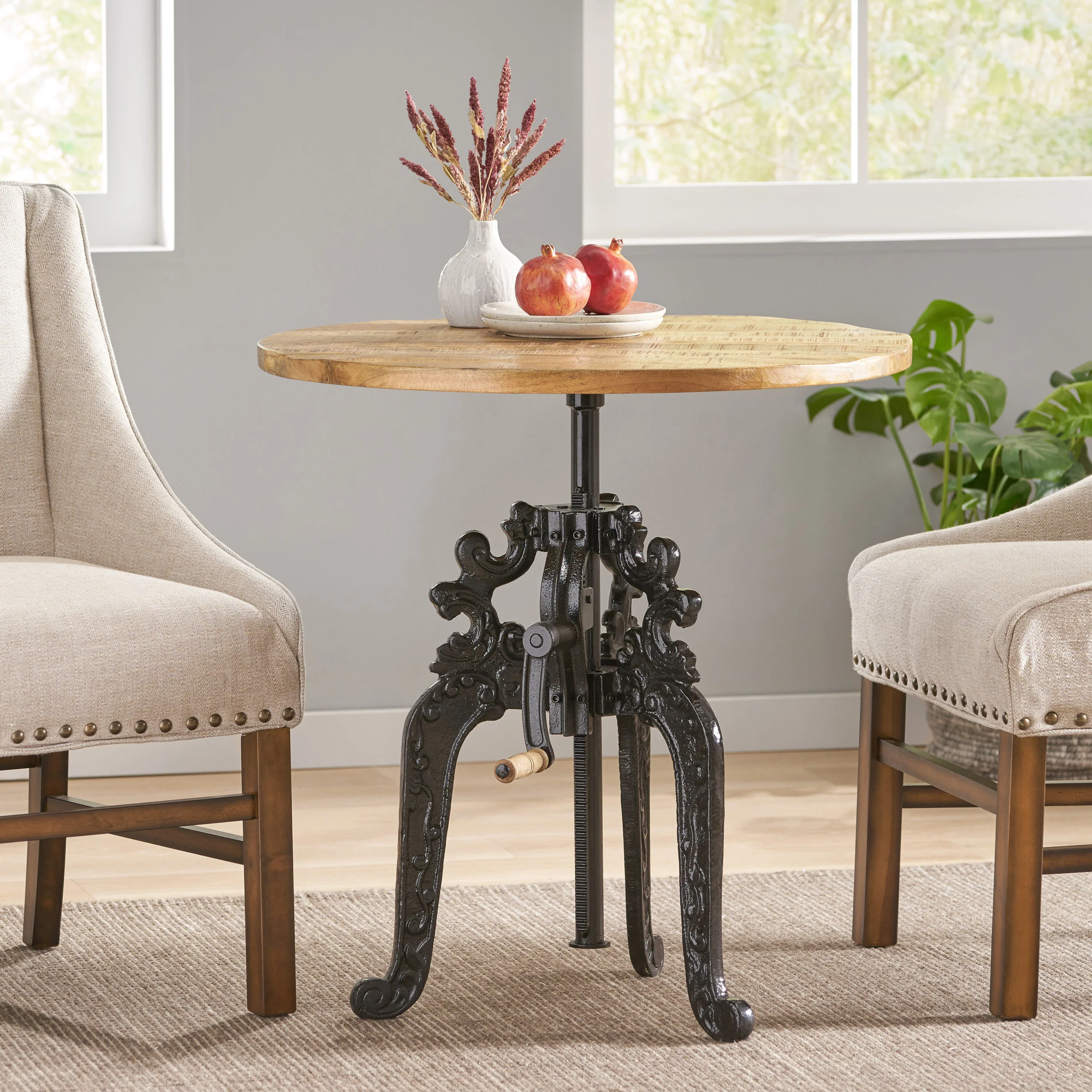 Regina Outdoor Handcrafted Mango Wood Adjustable Height Bistro Table, Natural and Black - furnishings