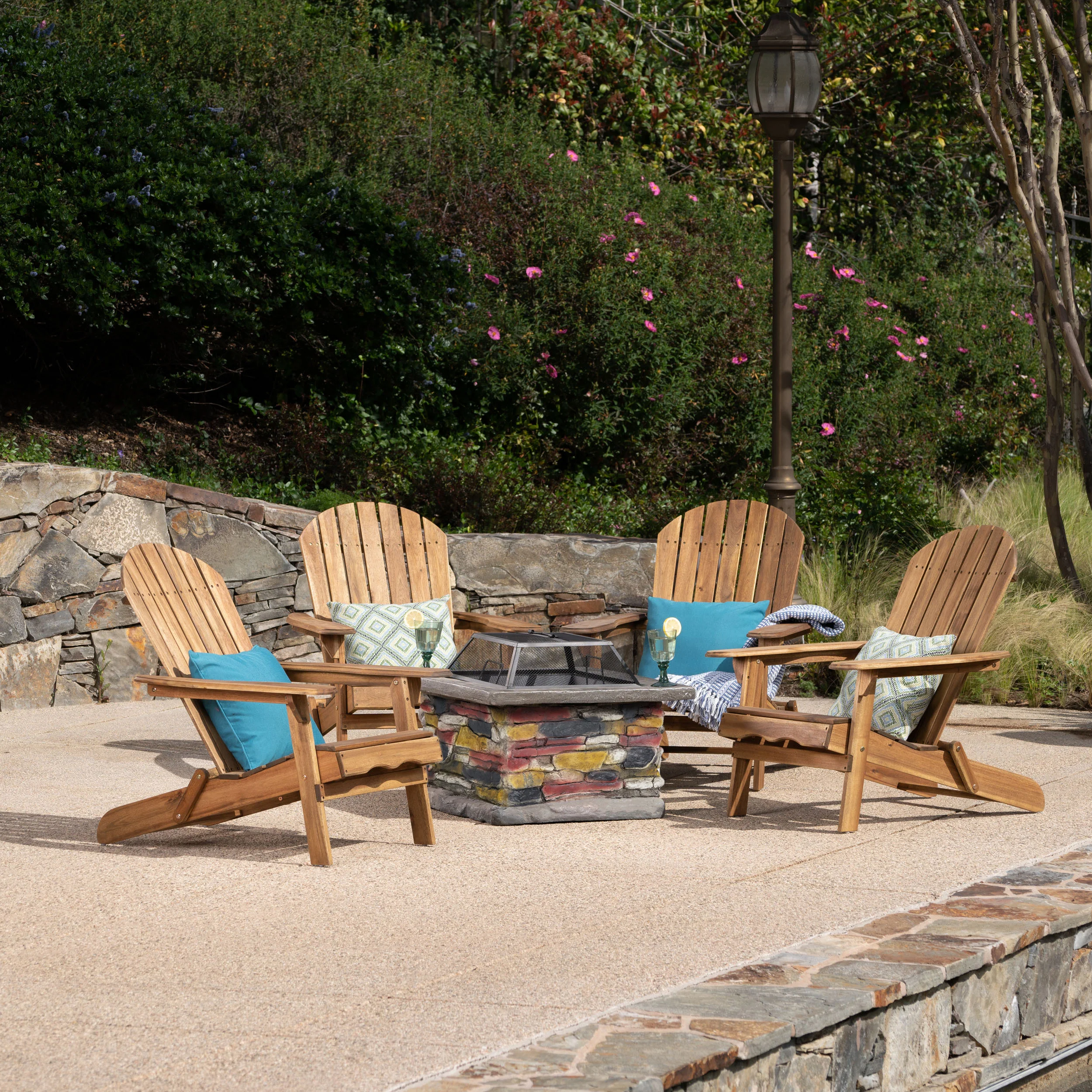 Benson Outdoor 5 Piece Acacia Wood/ Light Weight Concrete Adirondack Chair Set with Fire Pit - furnishings
