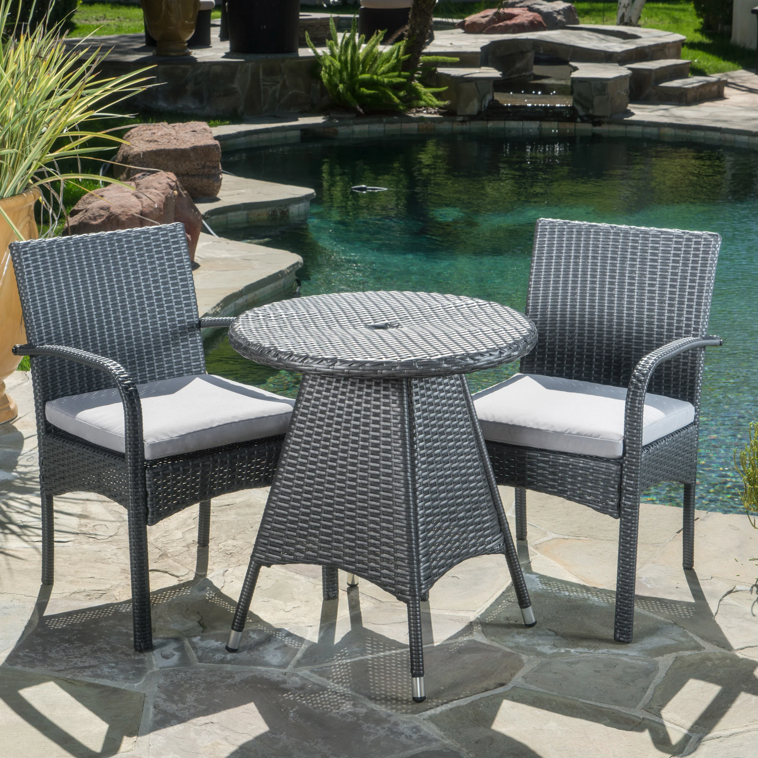 Portola Outdoor 3 Piece Grey Wicker Bistro Set with Cushions - furnishings