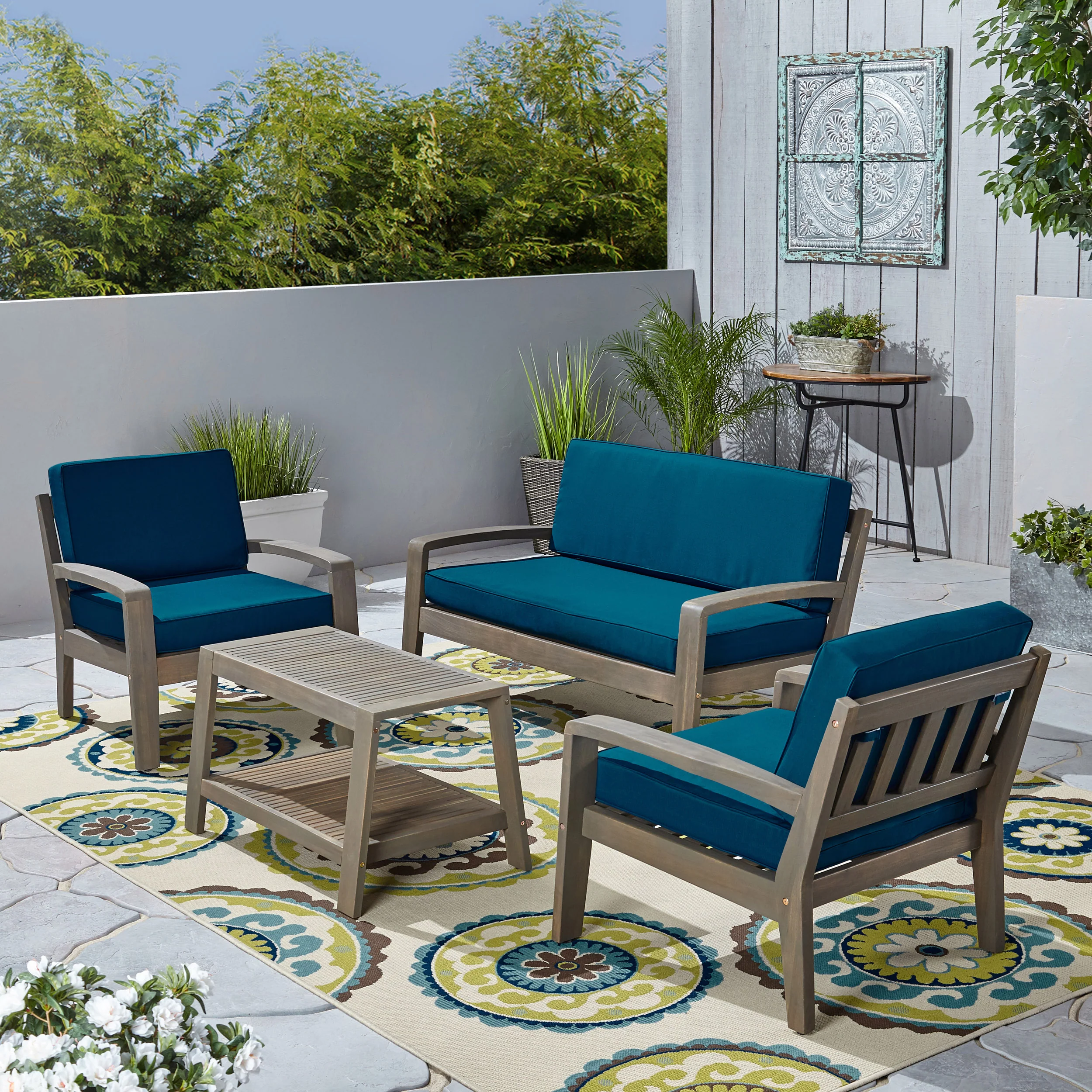 Parma Patio Acacia Wood 4-Seater Conversation Set with Coffee Table and Cushions - furnishings