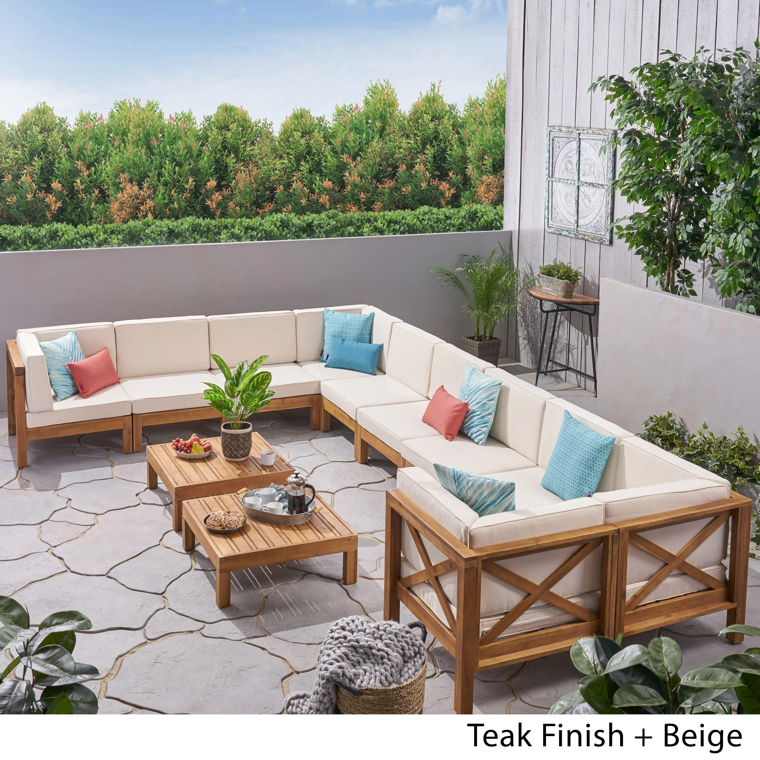 Cynthia Outdoor Acacia Wood 10 Seater U-Shaped Sectional Sofa Set with Two Coffee Tables - furnishings