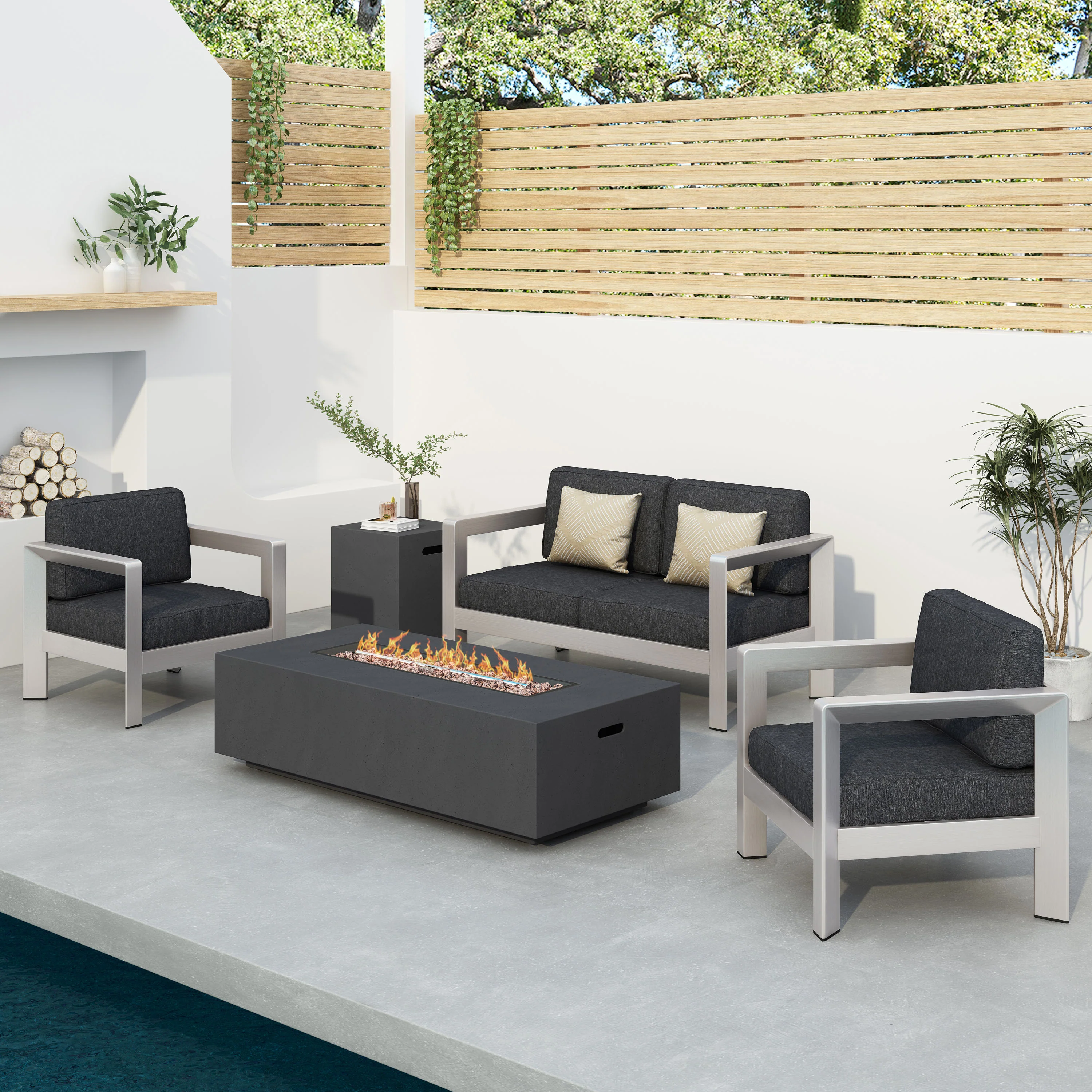 Booth Outdoor 4-Seater Aluminum Chat Set with Fire Pit and Tank Holder - furnishings