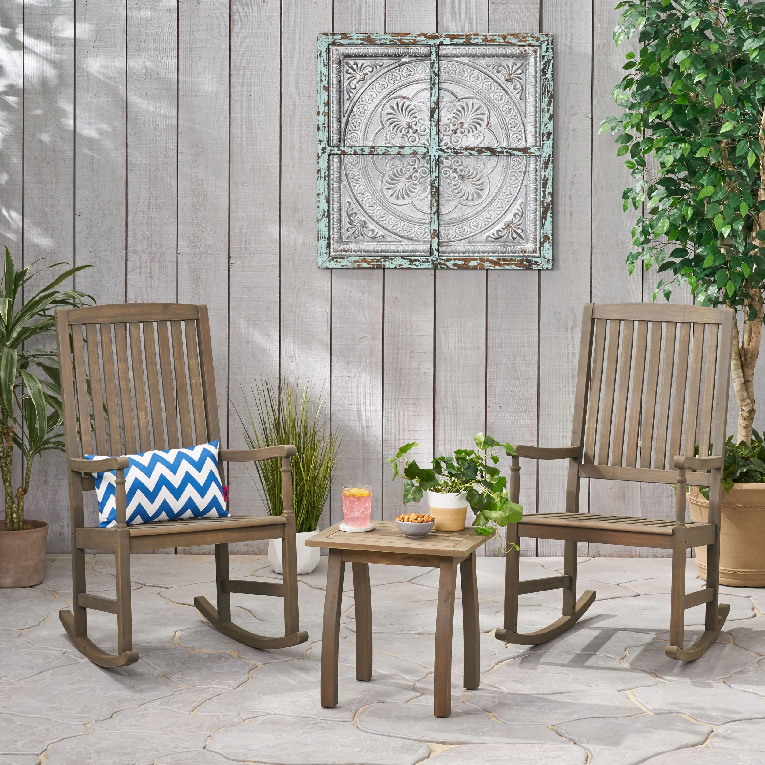 Verna Outdoor 2 Seater Acacia Wood Rocking Chairs and Side Table Set - furnishings