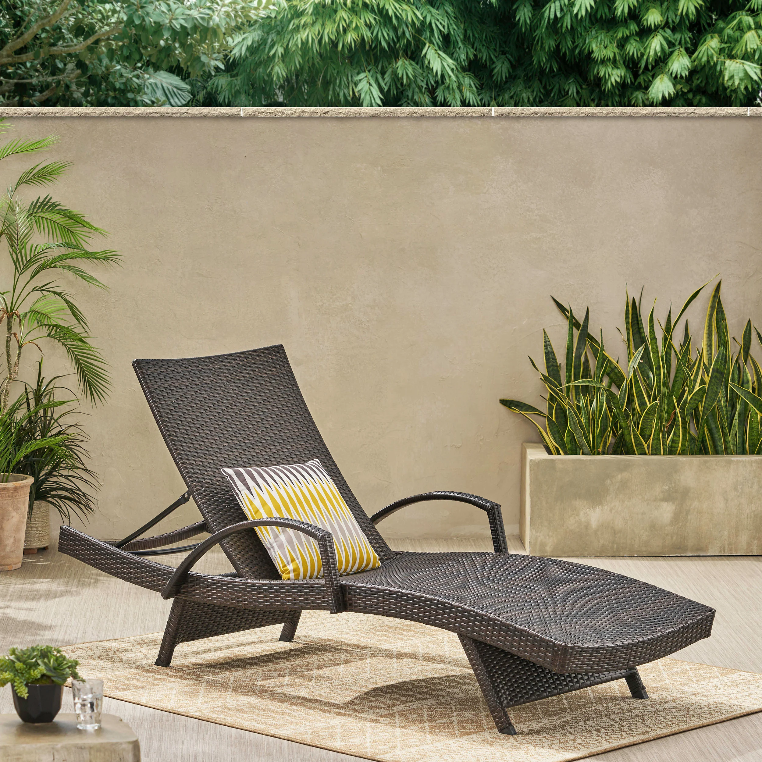 Lakeport Brown Wicker Curved Outdoor Chaise Lounge Chair w/ Arms - furnishings