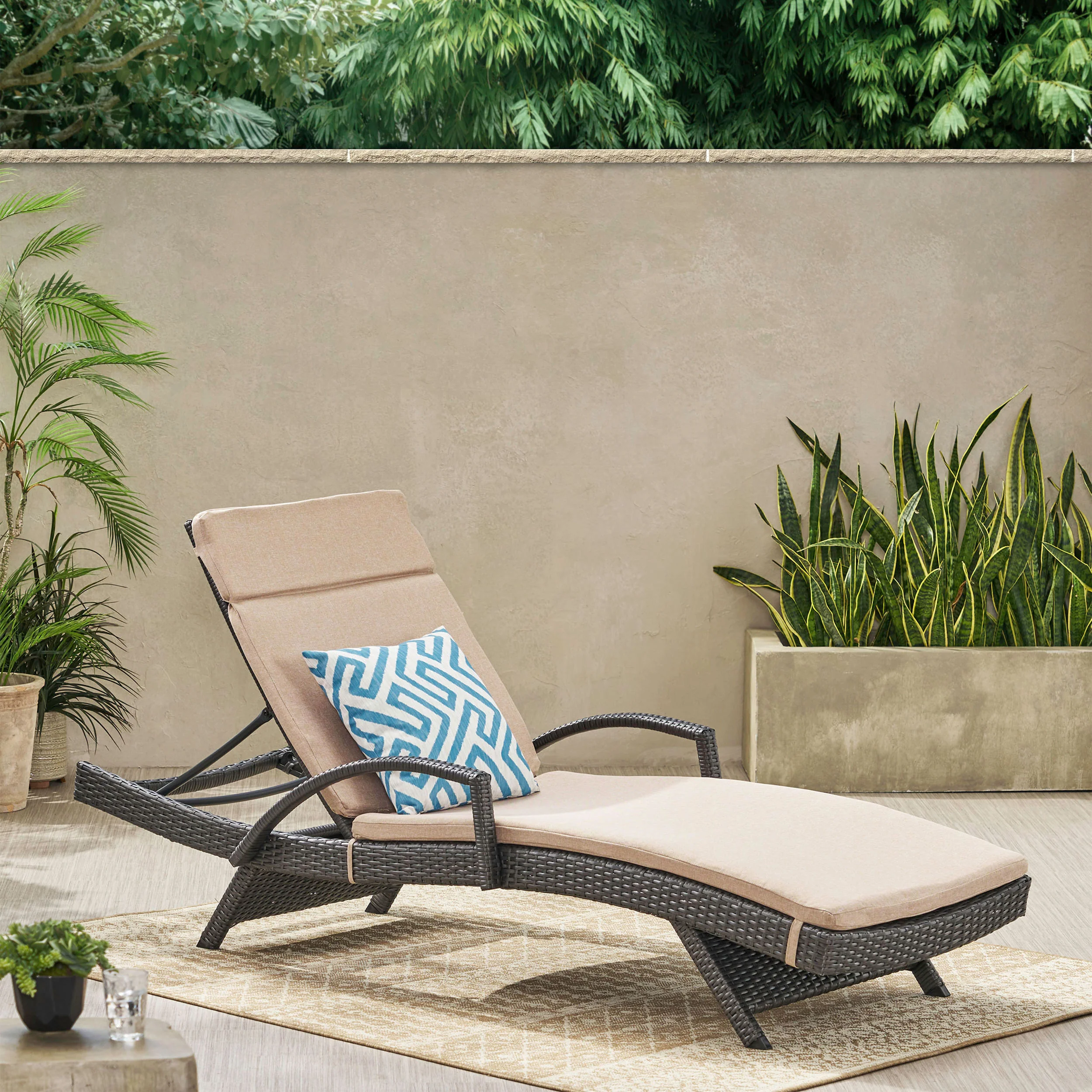 Solaris Outdoor Grey Wicker Armed Chaise Lounge w/ Water Resistant Cushion - furnishings