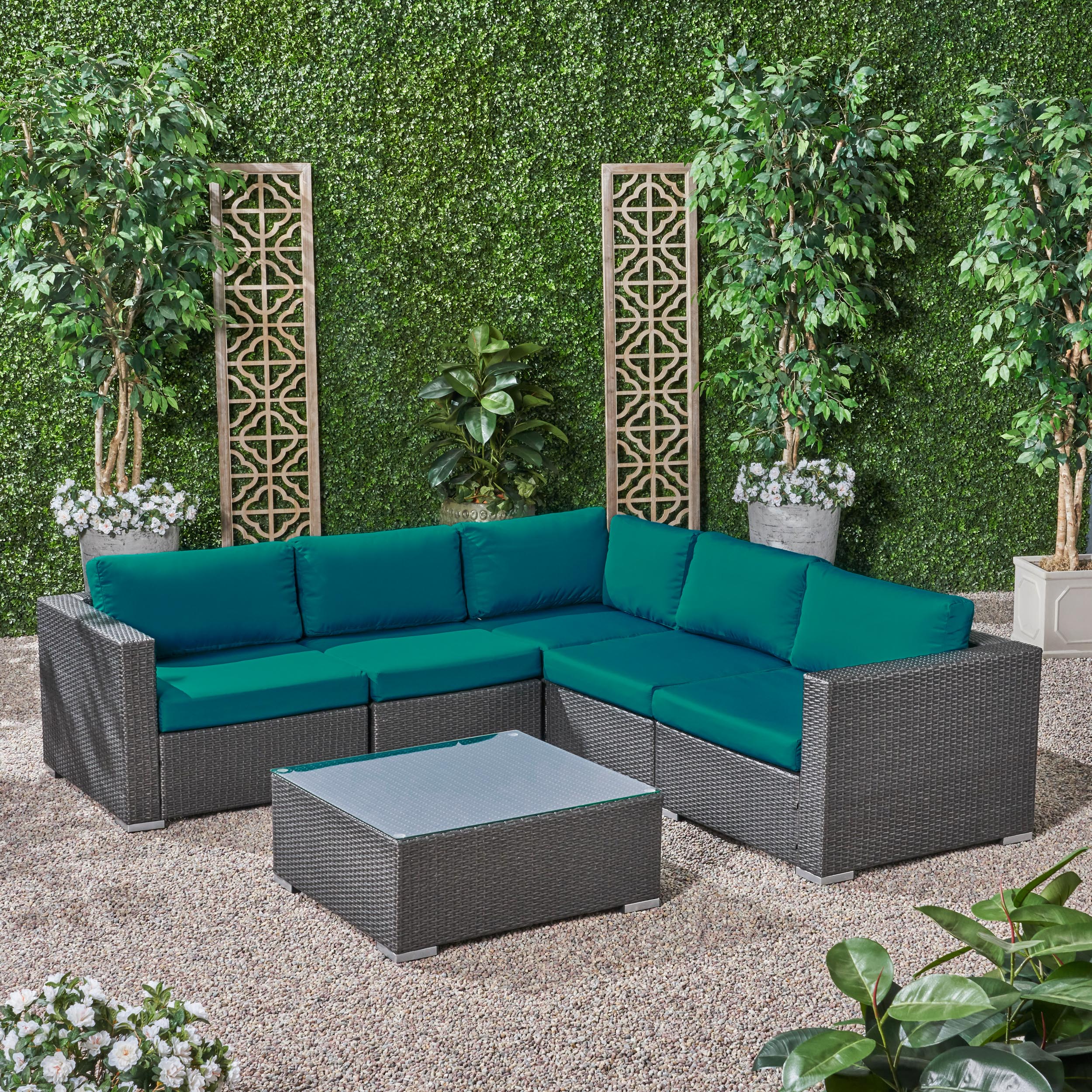 Kyra Outdoor 5 Seater Wicker Sectional Sofa Set with Sunbrella Cushions - furnishings