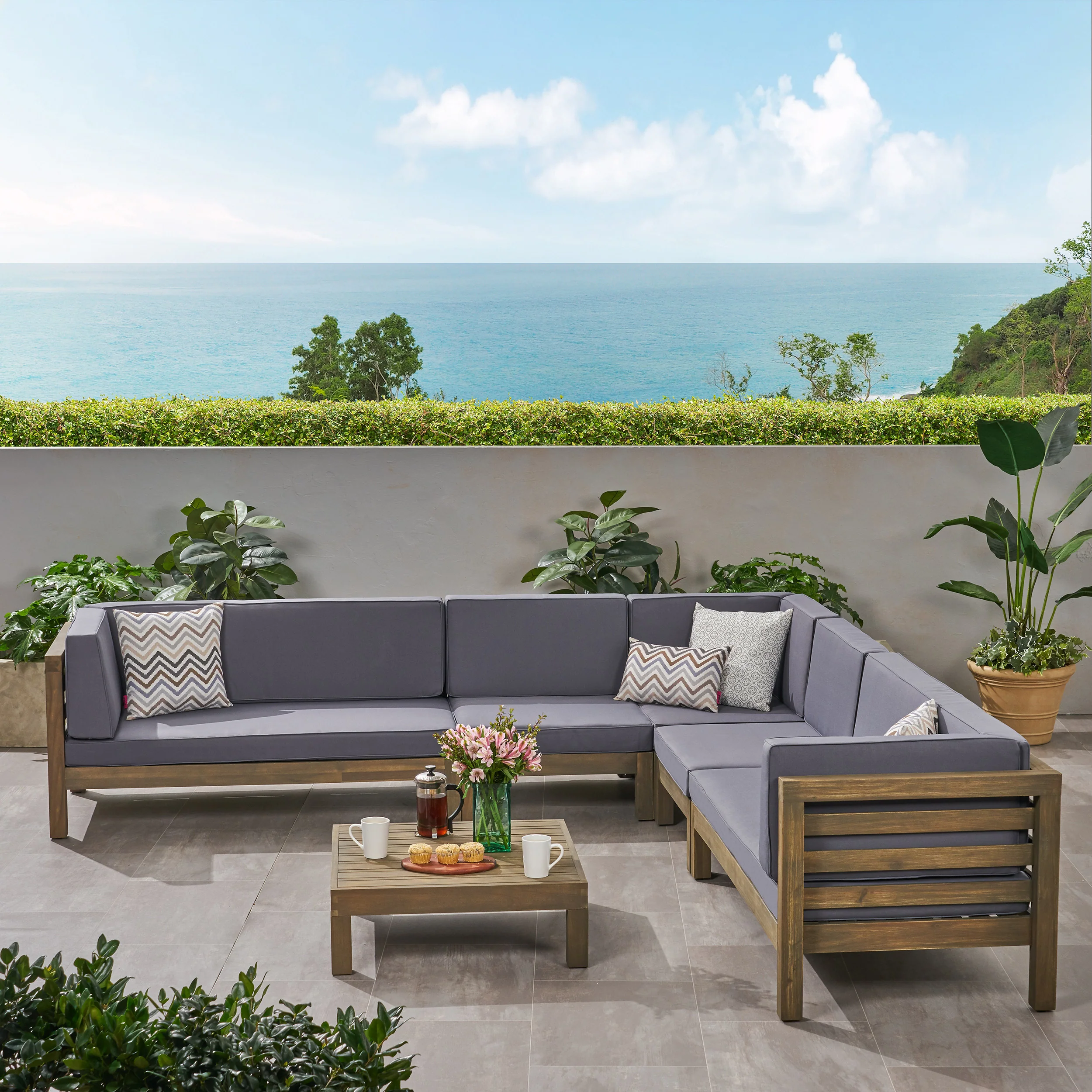 Emma Outdoor 7 Seater Acacia Wood Sectional Sofa Set - furnishings