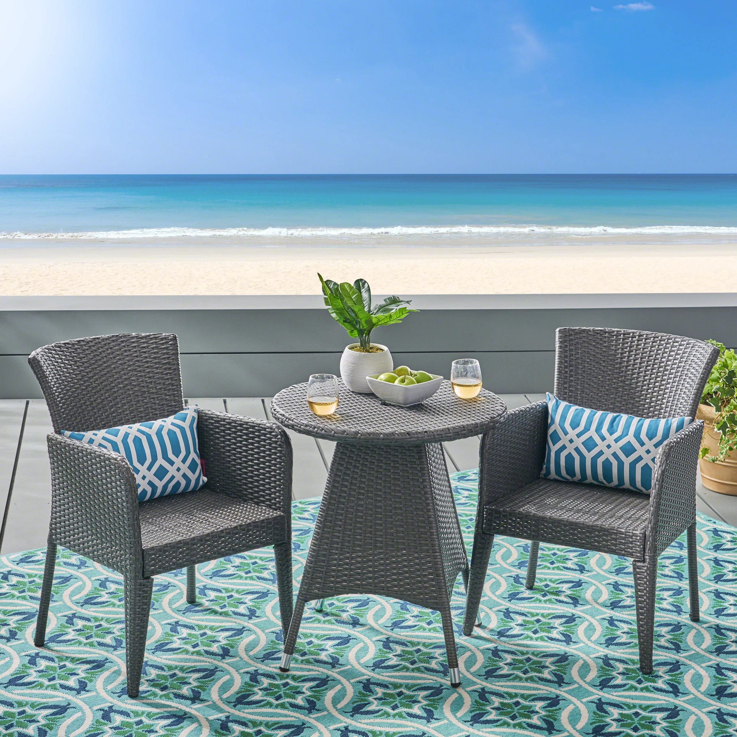Dilon Outdoor Transitional 3-Piece Gray Wicker Bistro Set with Umbrella Hole - furnishings