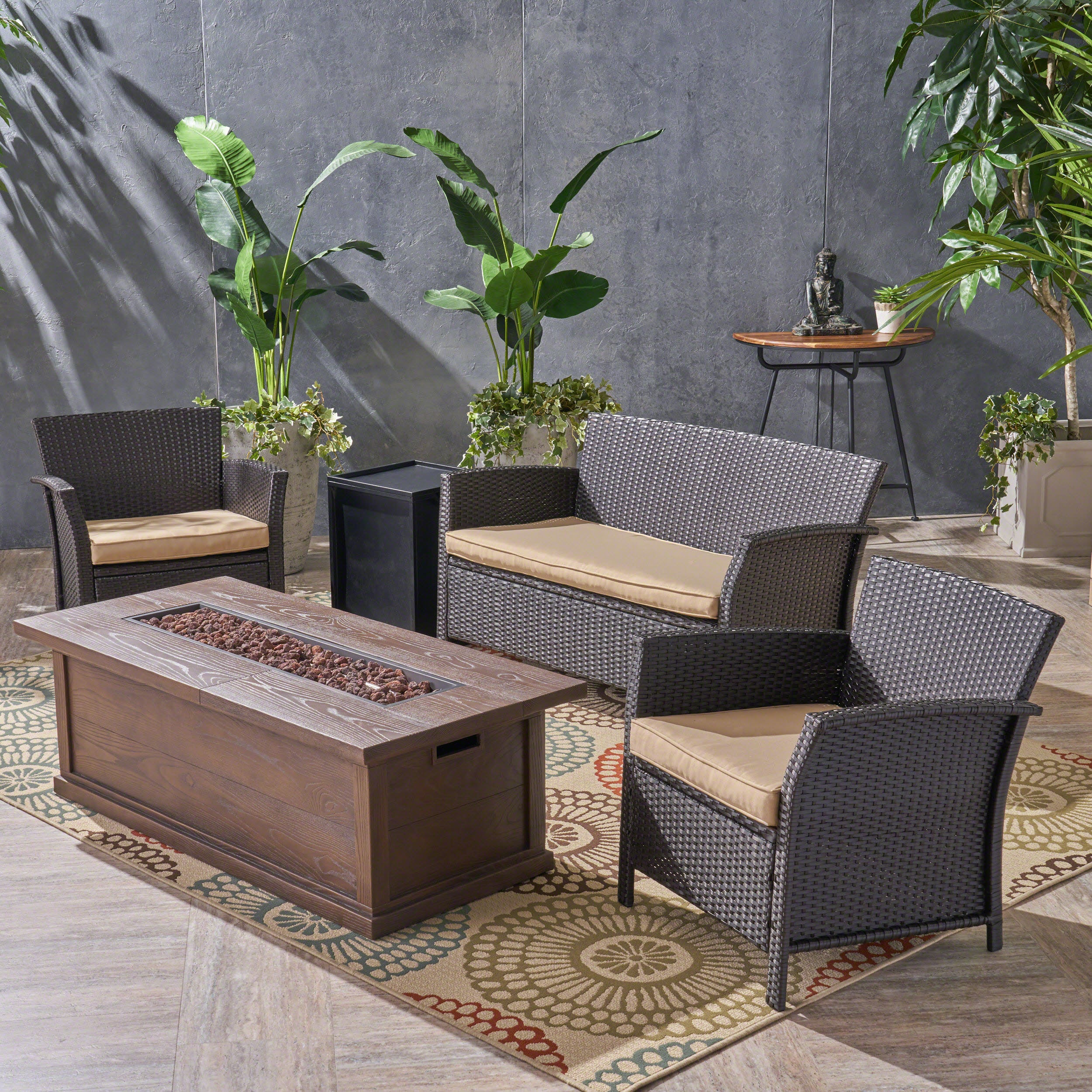 Laiah Outdoor 4 Seater Wicker Chat Set with Iron Fire Pit - furnishings