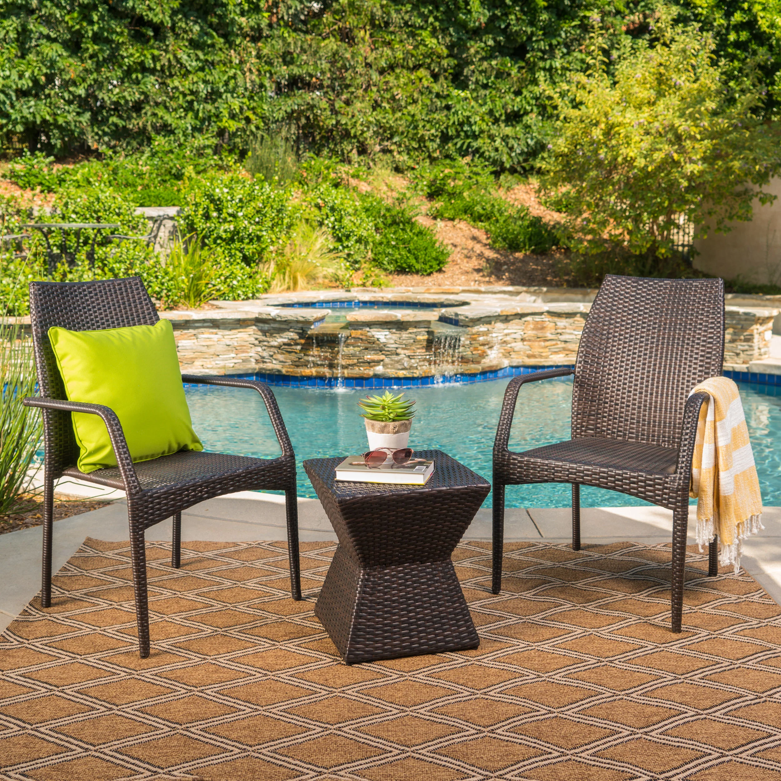Ralsey Outdoor 3 Piece Multi-Brown Wicker Chat Set with Stacking Chairs - furnishings