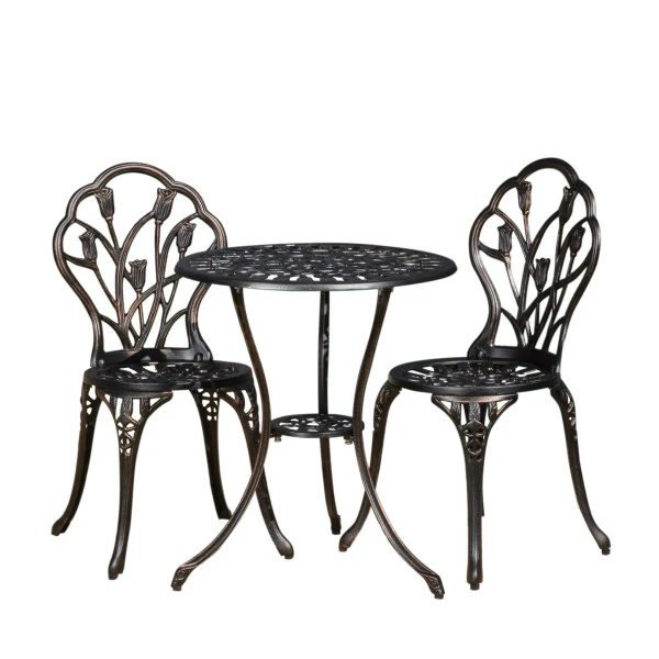 New Outdoor Vintage Style Cast Aluminum Bistro Set with Tulips - furnishings