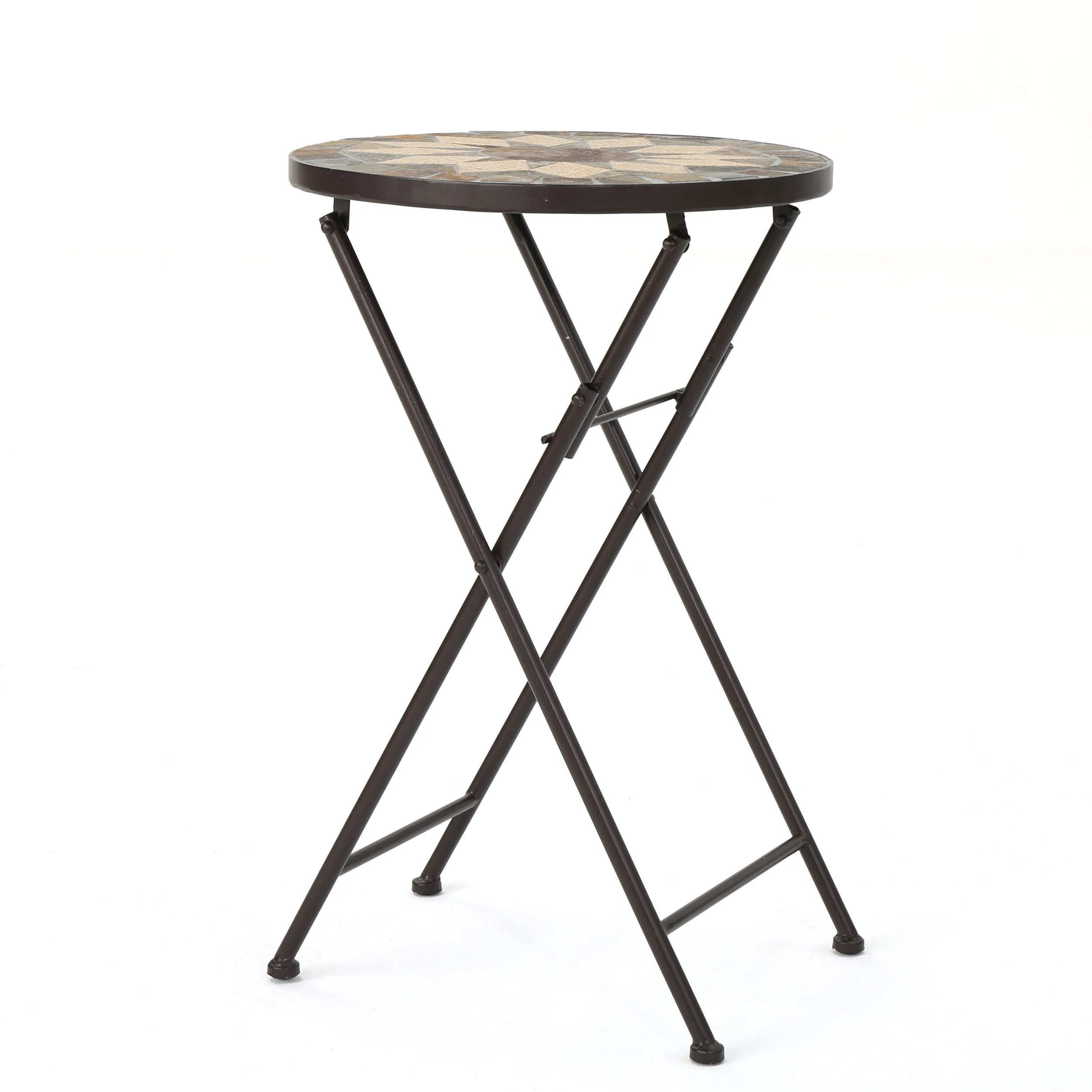 Sandor Outdoor Beige and Black Stone Side Table with Iron Frame - furnishings
