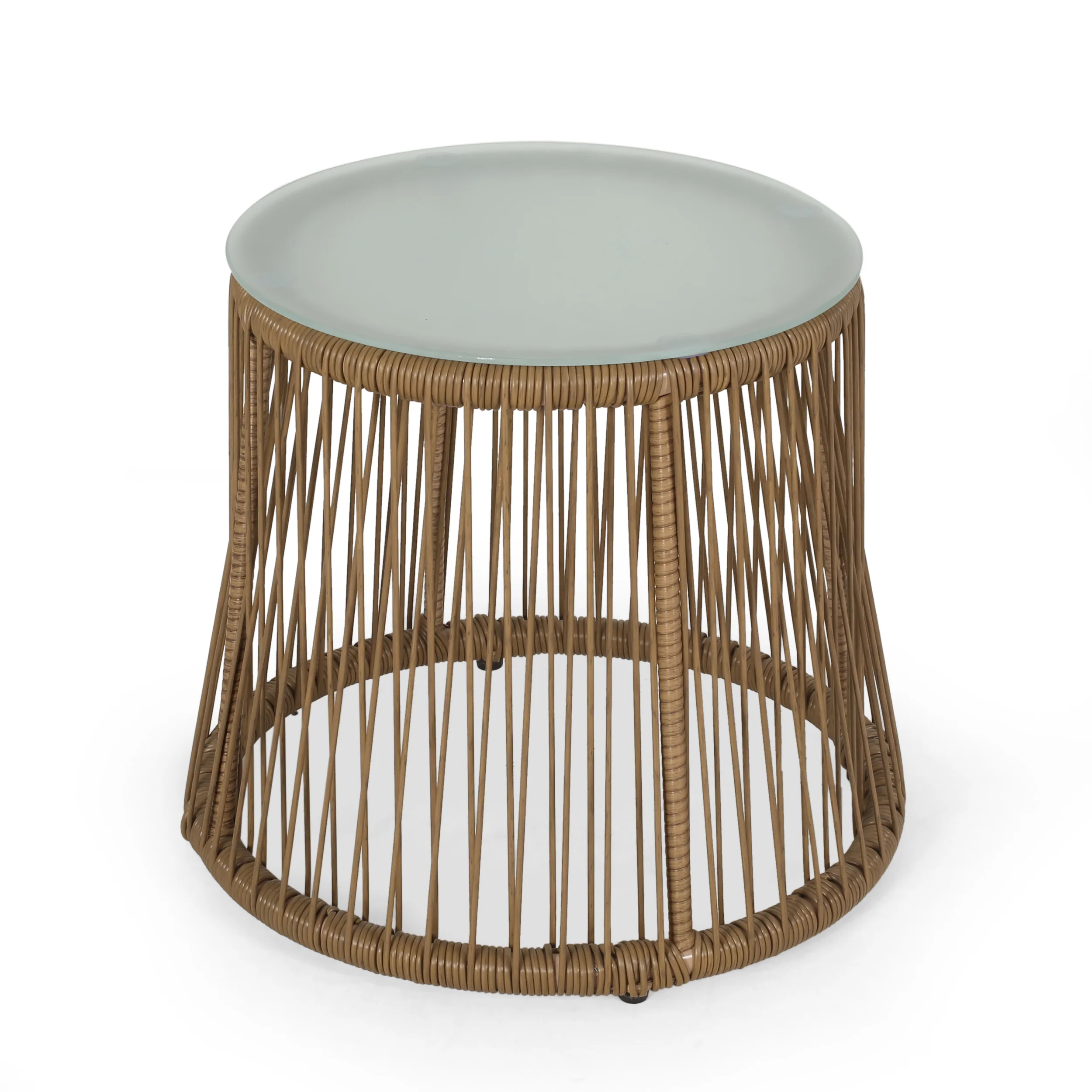 Helmville Outdoor Wicker Side Table with Glass Top, Light Brown - furnishings