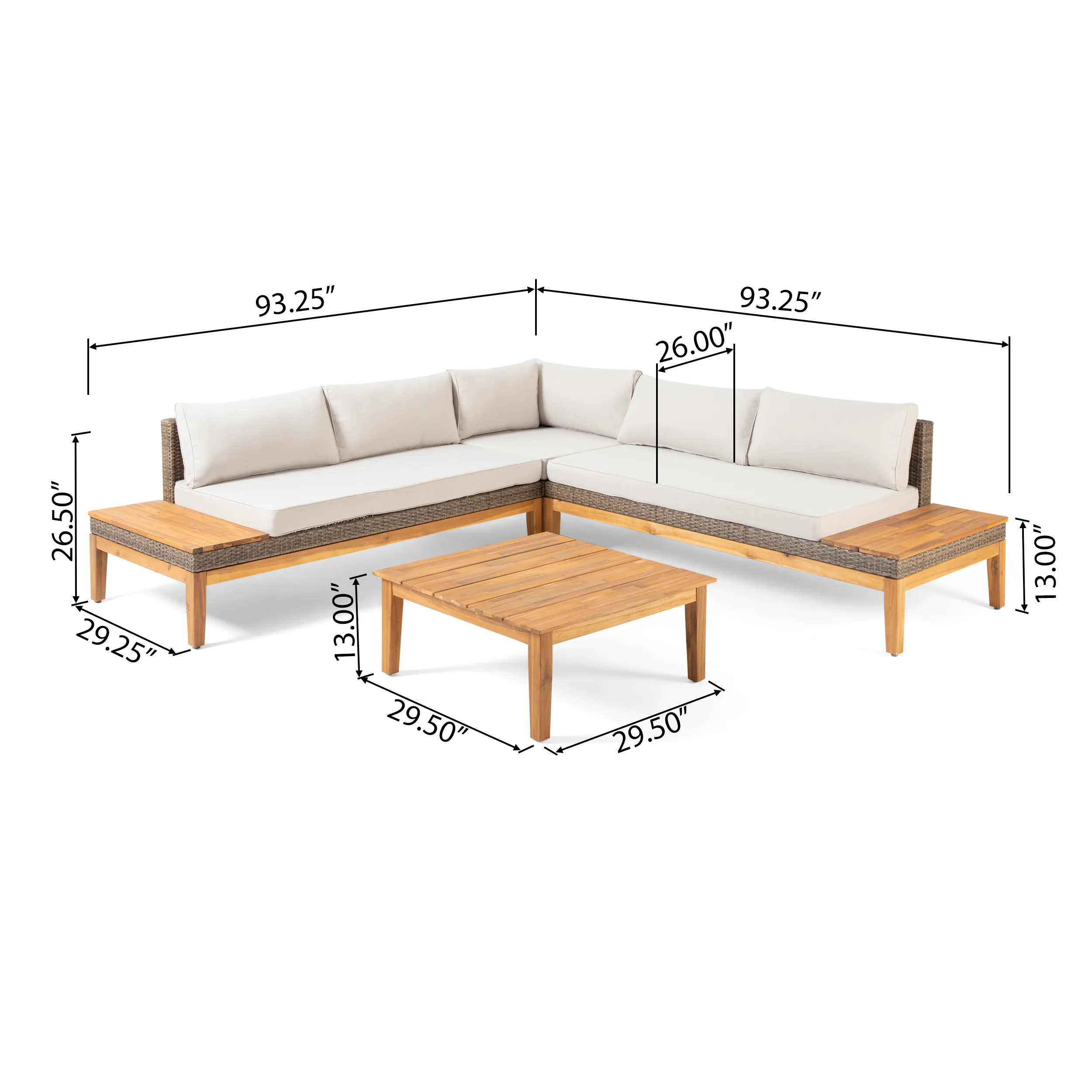 Emanuel Outdoor Acacia Wood and Wicker 5 Seater Sectional Sofa Set with Water-Resistant Cushions - furnishings