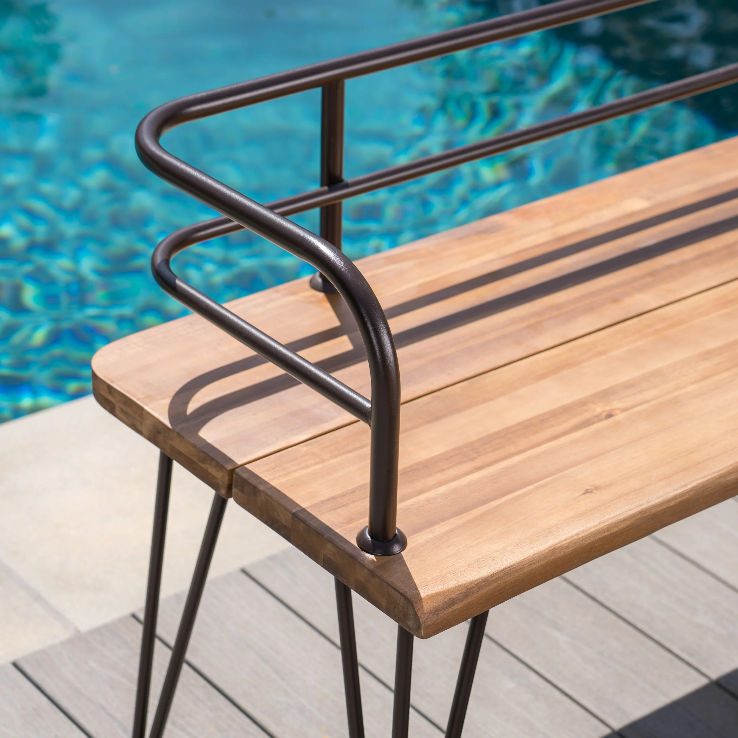 Avy Outdoor Rustic Industrial Acacia Wood Coffee Table Chat Set with Metal Hairpin Legs, Teak - furnishings