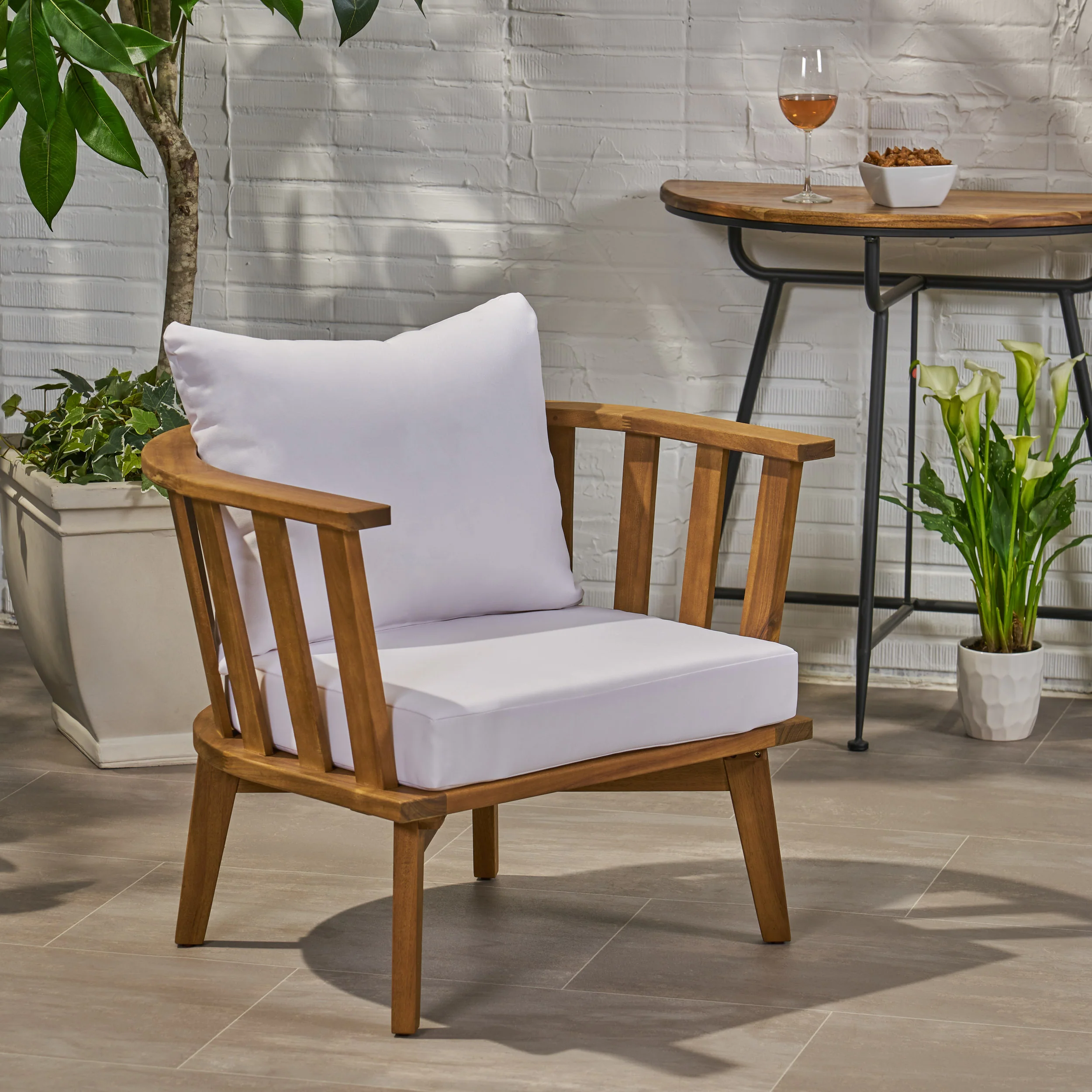 Dean Outdoor Wooden Club Chair with Cushions, White and Teak Finish - furnishings