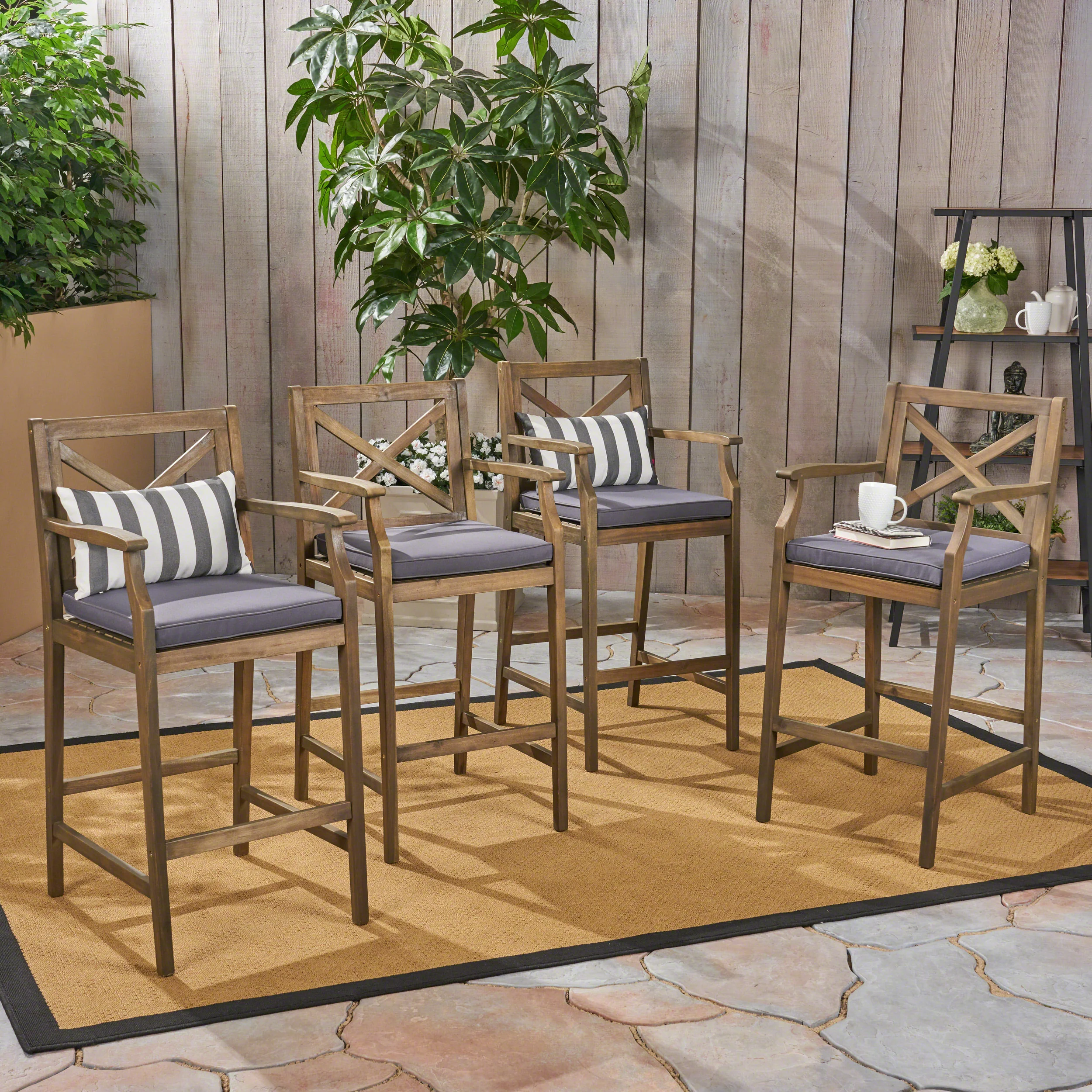 Doric Outdoor Rustic Acacia Wood Barstools with Cushions (Set of 4) - furnishings